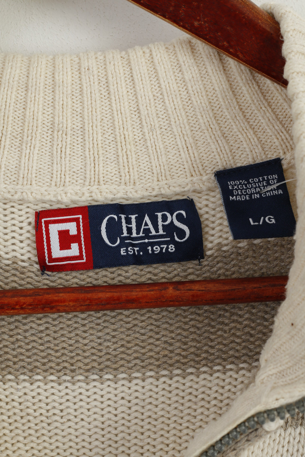 Chaps Men L Jumper Beige Rayé 100% Coton Col Zippé Pull Classique Haut