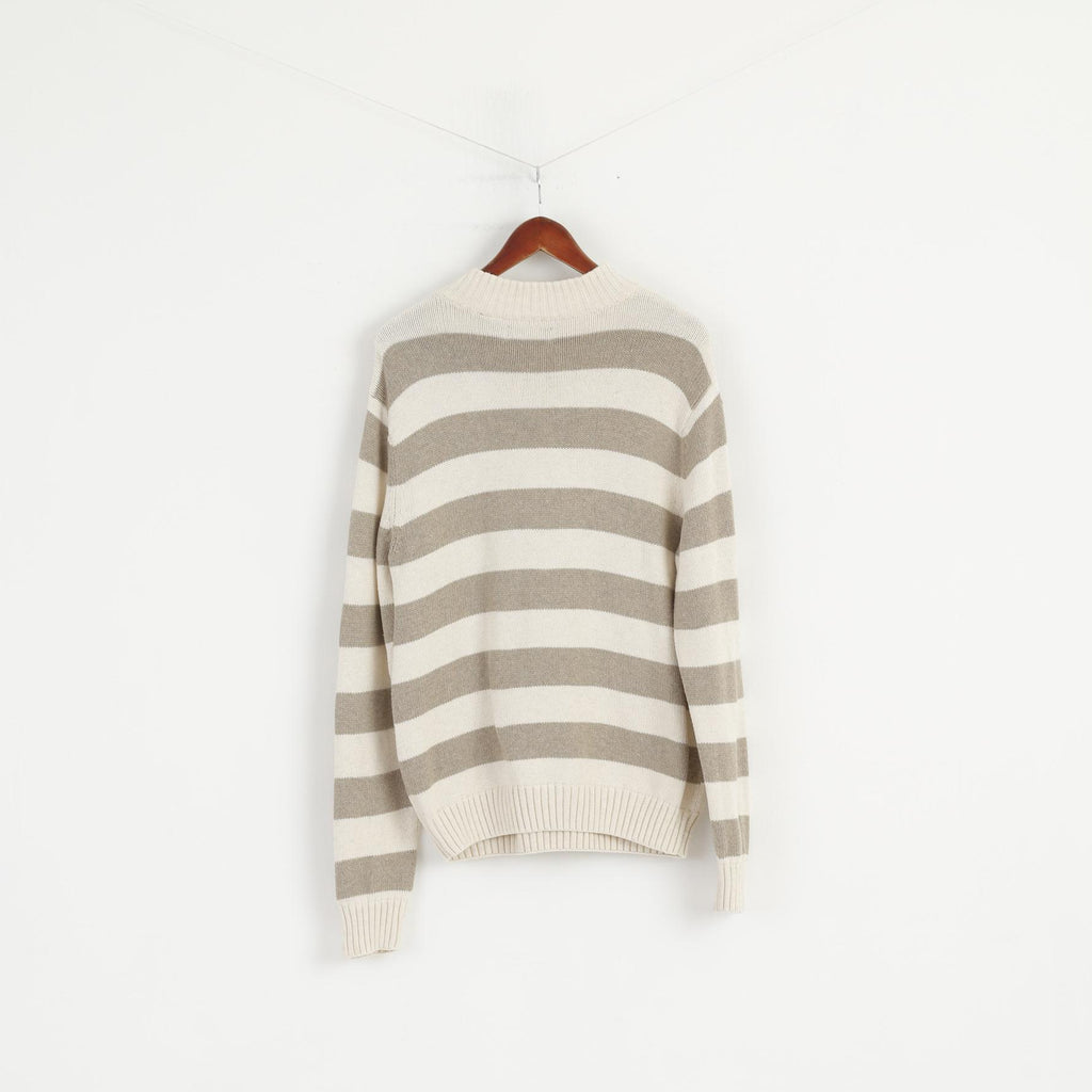 Chaps Men L Jumper Beige Rayé 100% Coton Col Zippé Pull Classique Haut