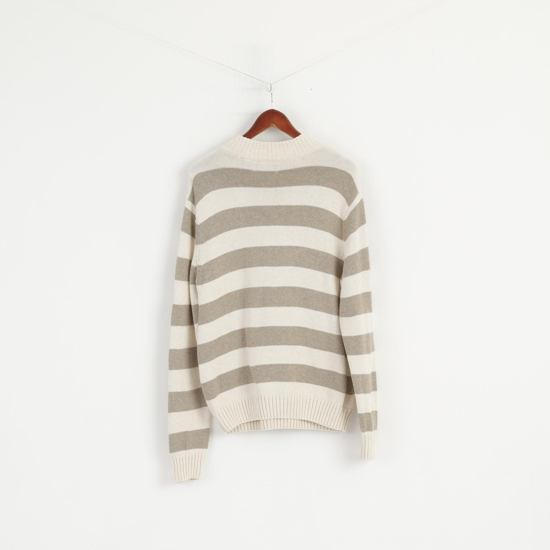 Chaps Men L Jumper Beige Rayé 100% Coton Col Zippé Pull Classique Haut