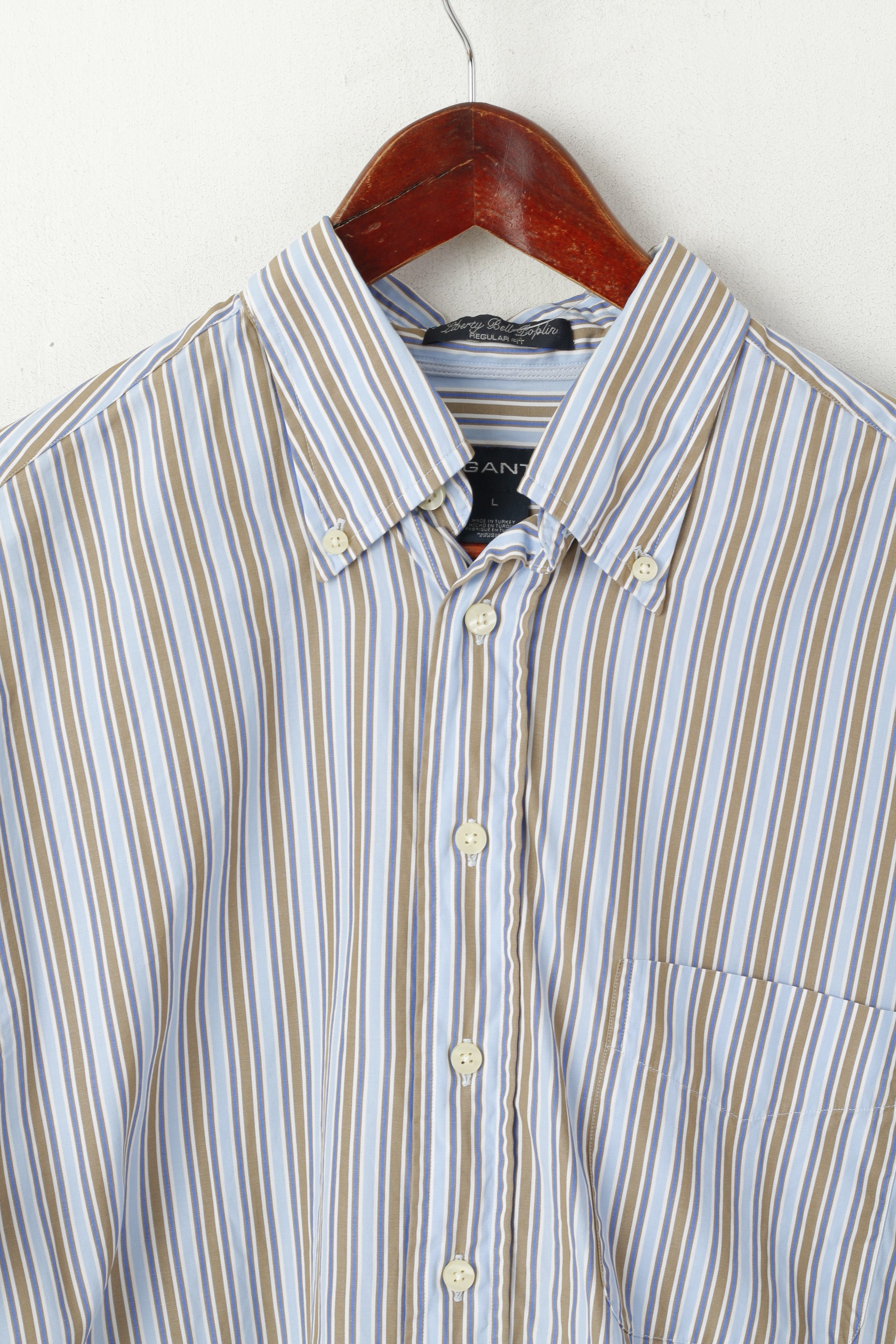 GANT Men L Casual Shirt Blue Striped Cotton Regular Fit Liberty Bell Poplin Top