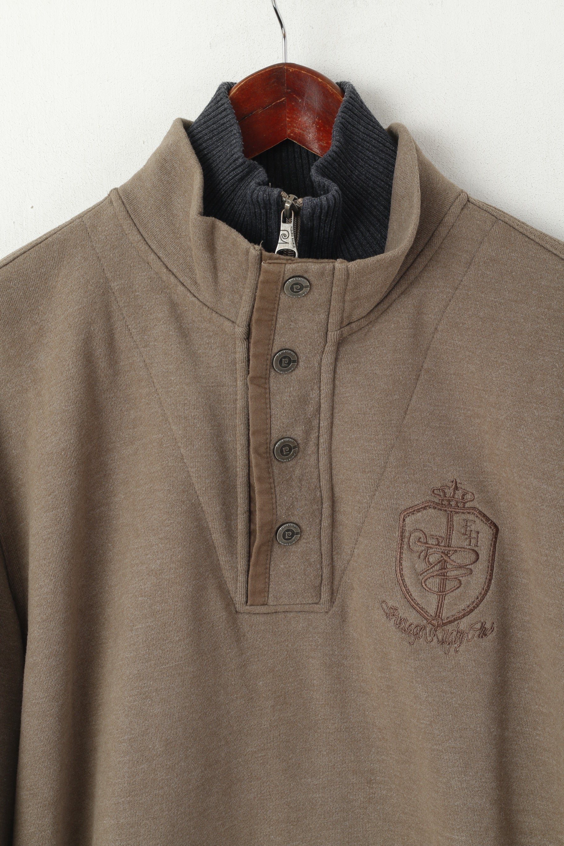 Pierre Cardin Men M Sweatshirt Brown Cotton Vintage Rugby Club Zip Neck Top