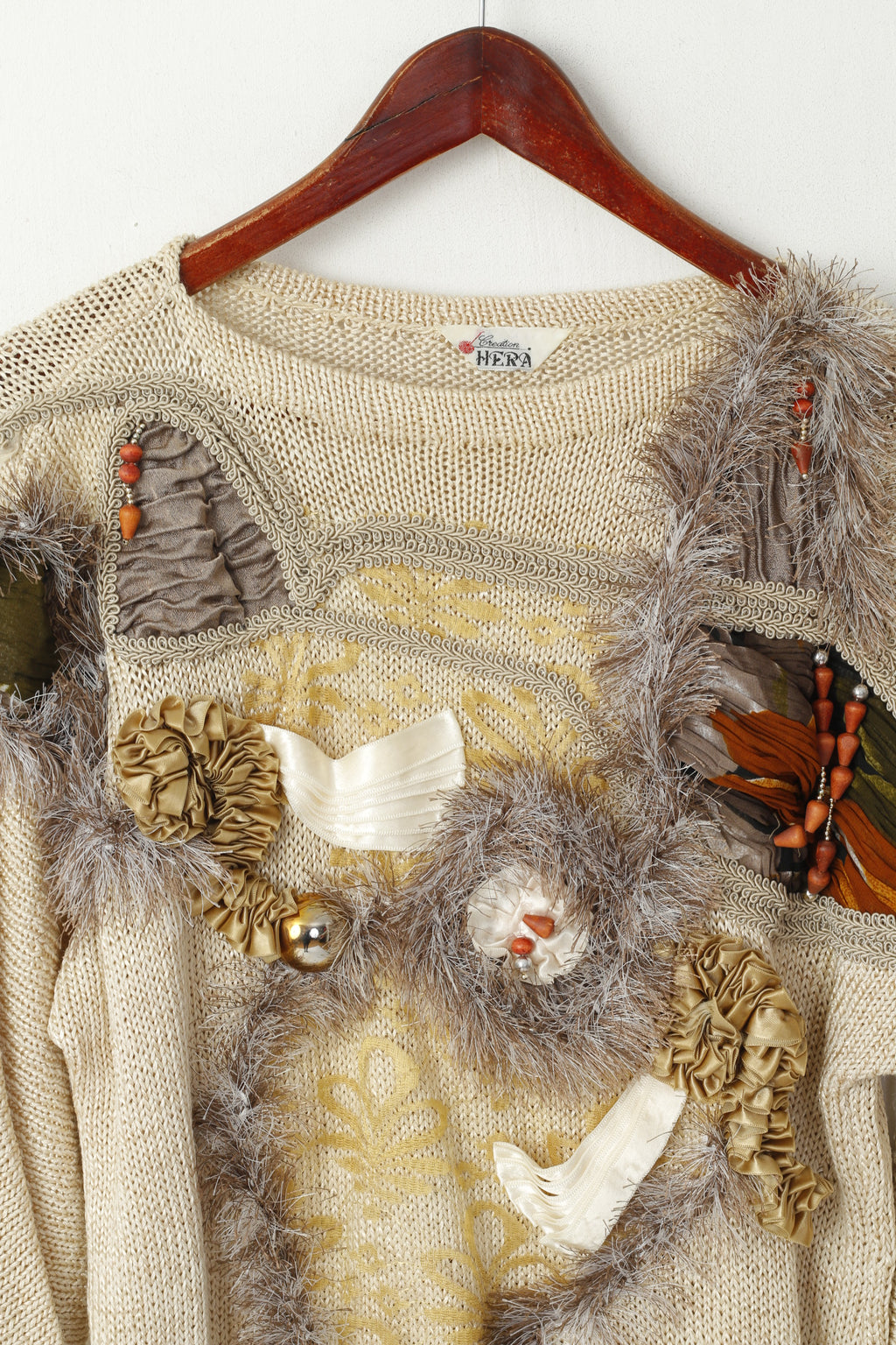 Creation Hera Women M Sweater Jumper Biege Multi Detailed Boho Vintage Jumper