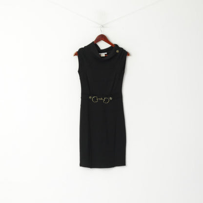 Jus D' Orange Paris Women XS Dress Black Sleeveless Pencil Stretch Viscose Gold Belt