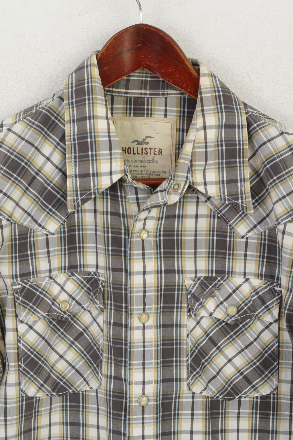 Camicia casual da uomo Hollister Top a maniche lunghe con tasca in cotone a quadri marrone con bottone a pressione