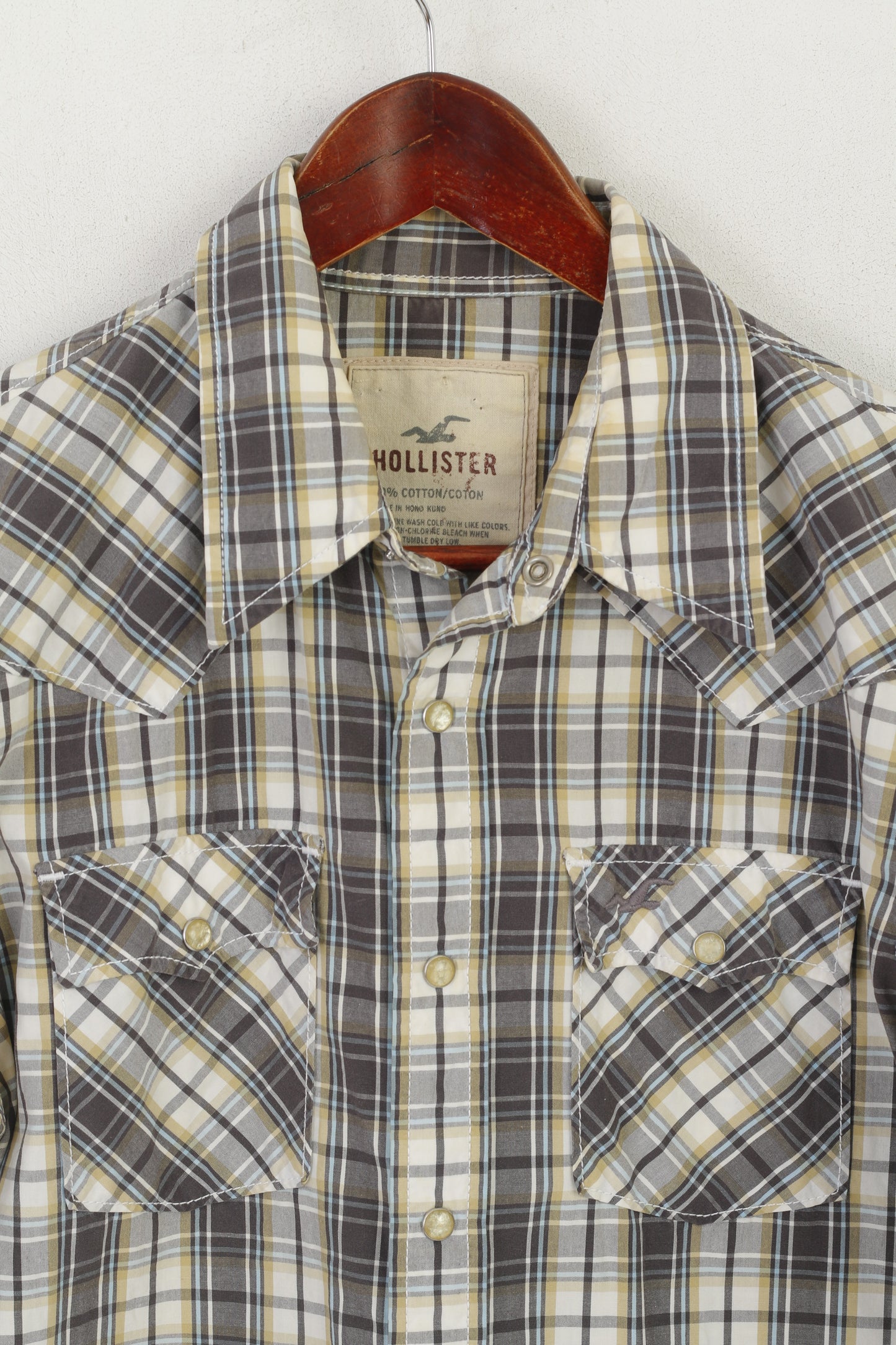 Hollister Men S Casual Shirt Brown Check Cotton Snap Button Pocket Long Sleeve Top