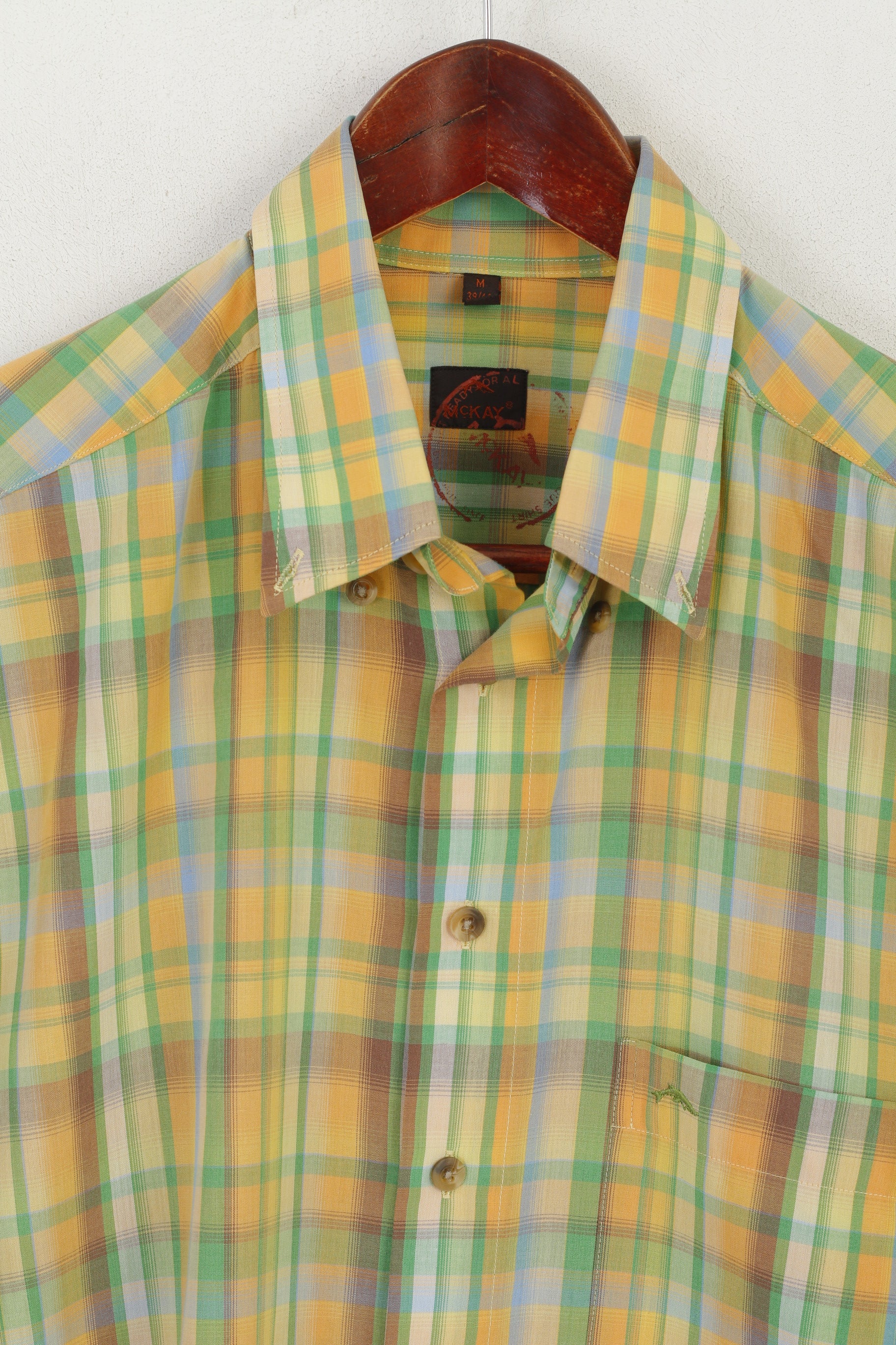 McKay Men M 39/40 Casual Shirt Green Check Outdoor Short Sleeve Button Down Collar Top