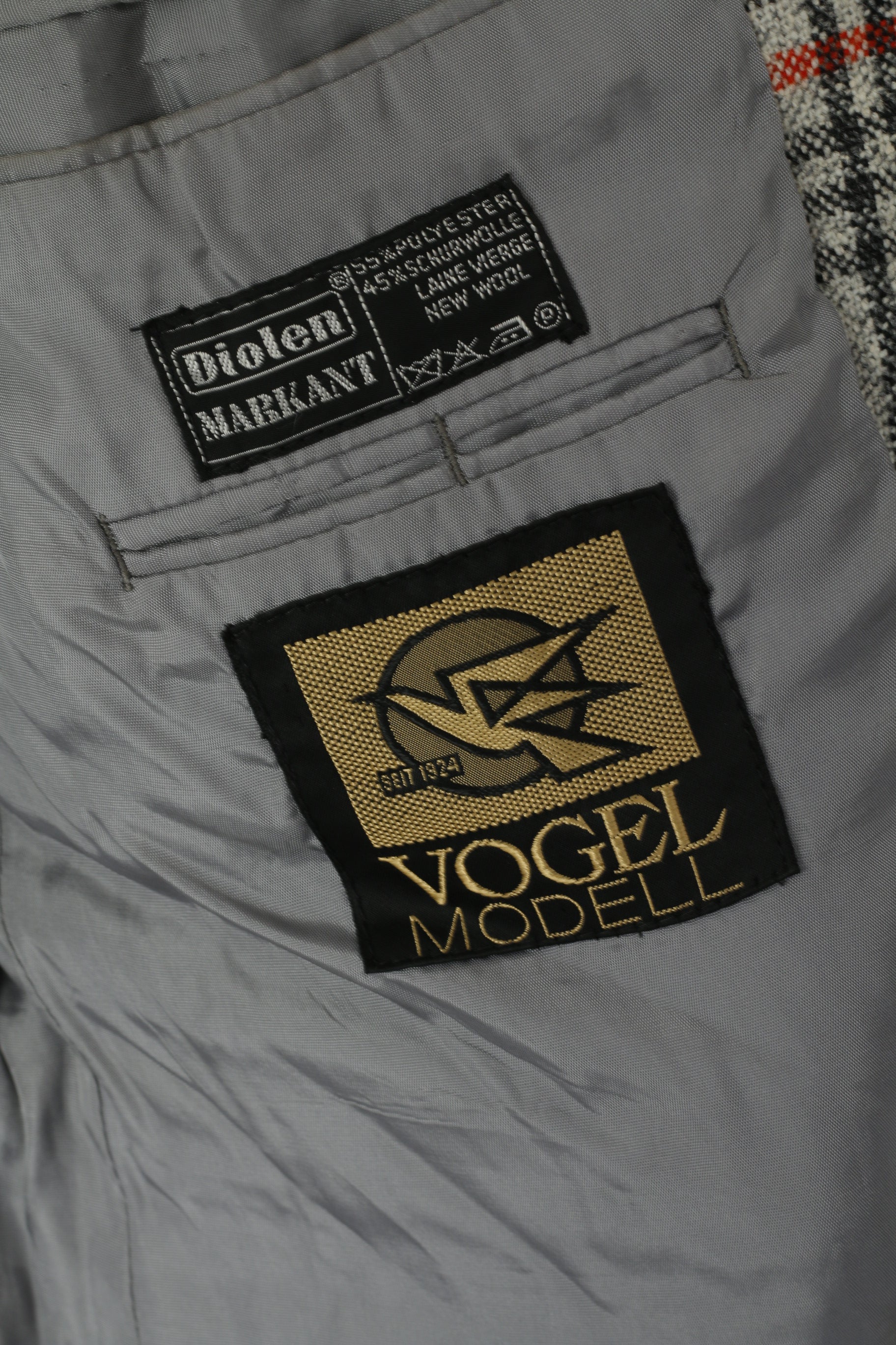 Vogel Modell Men 40 Blazer Retro Grey Check Wool Diolen Single Breasted Jacket