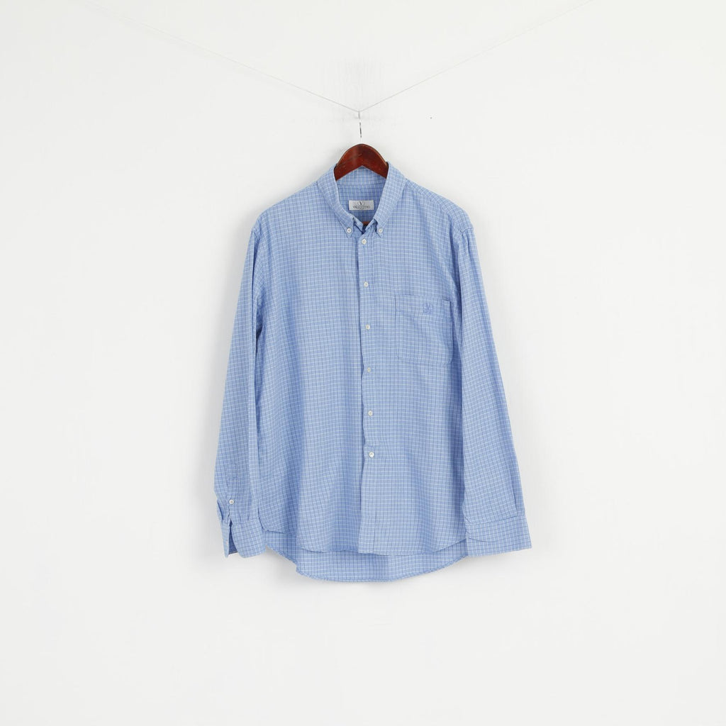 Valentino Sport Men L Casual Shirt Blue Check Cotton Long Sleeve Italy Top