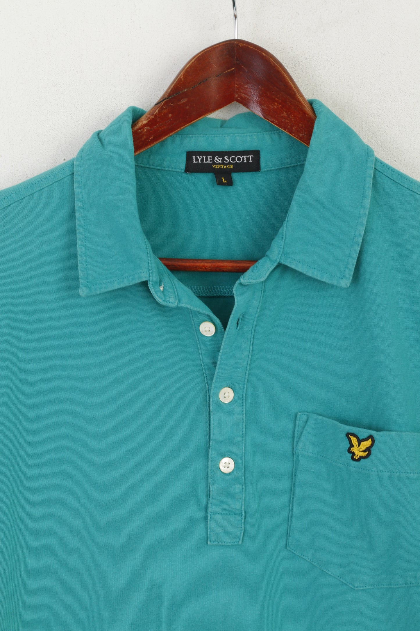 Polo Lyle &amp; Scott vintage da uomo L (M) Top elasticizzato con bottoni dettagliati in cotone verde