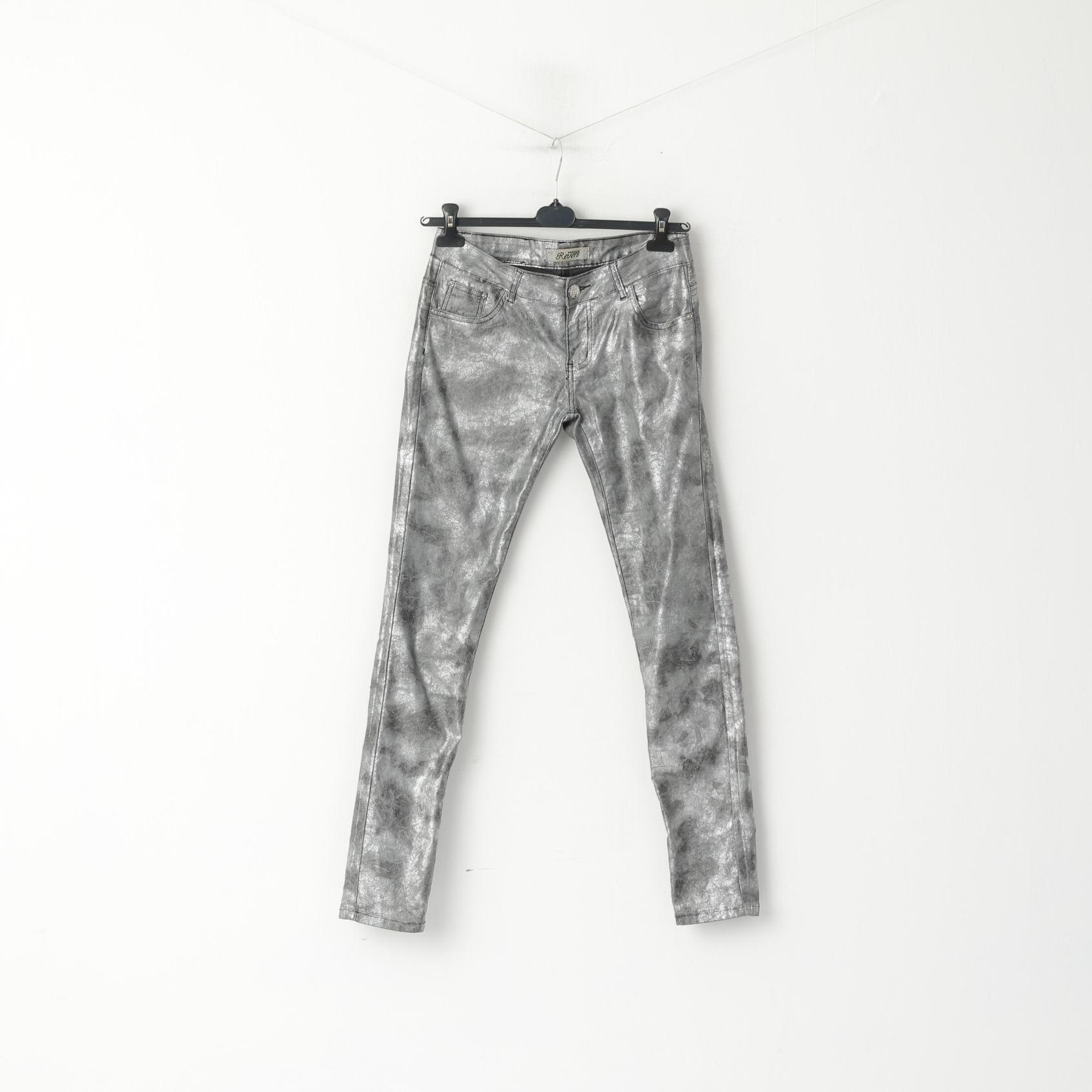 Prenium Revers Women 40 L Trousers Silver Shiny Cotton Stretch Skinny Party Pants