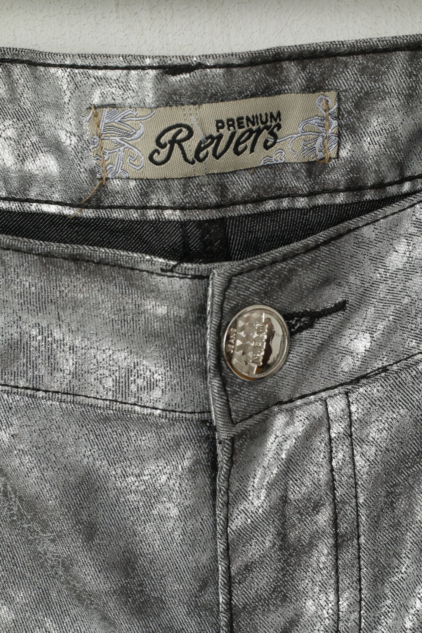 Pantaloni Prenium Revers da donna 40 L Pantaloni skinny da festa in cotone elasticizzato argento lucido