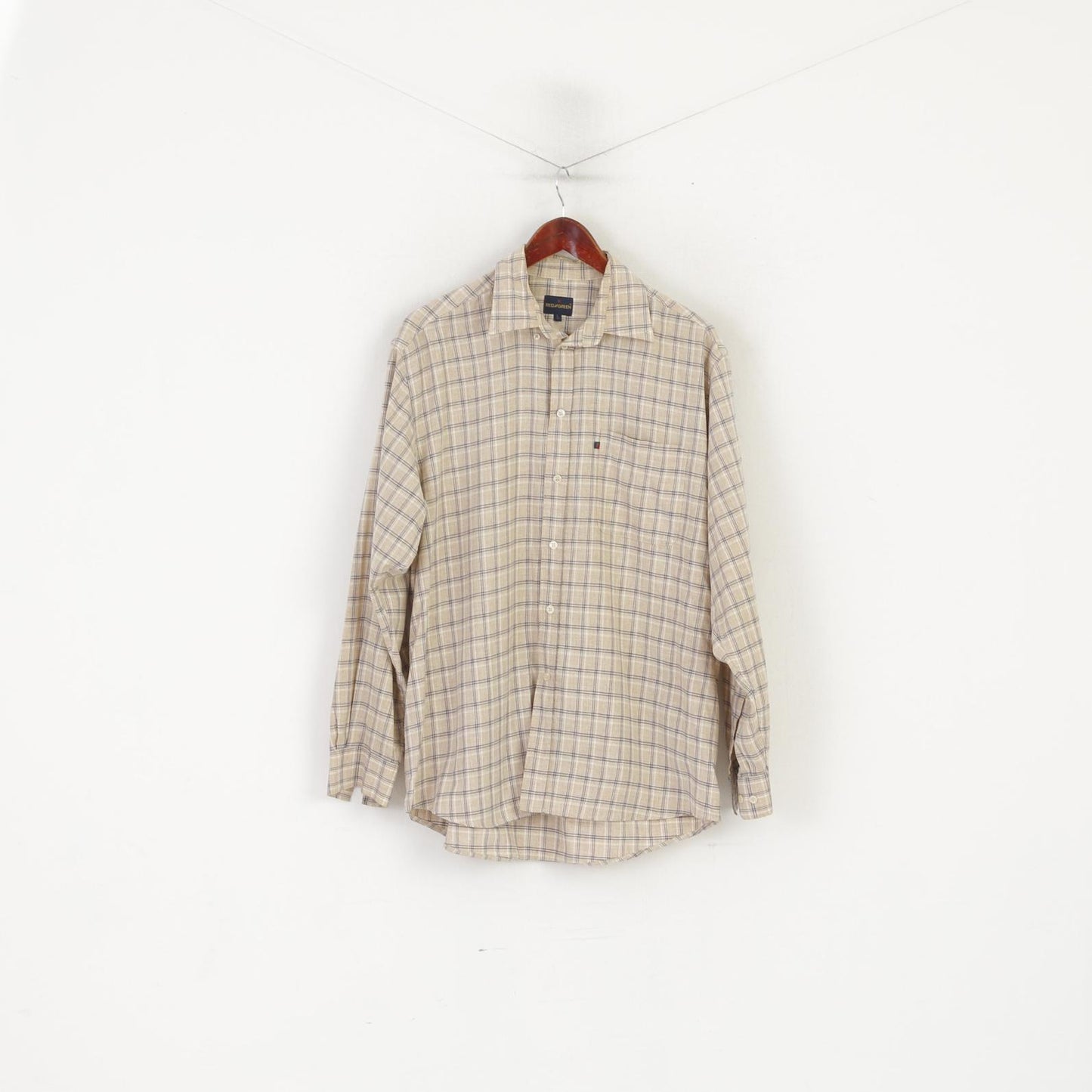 Red Green Men L Casual Shirt Beige Check Cotton Detailed Buttons Long Sleeve Top