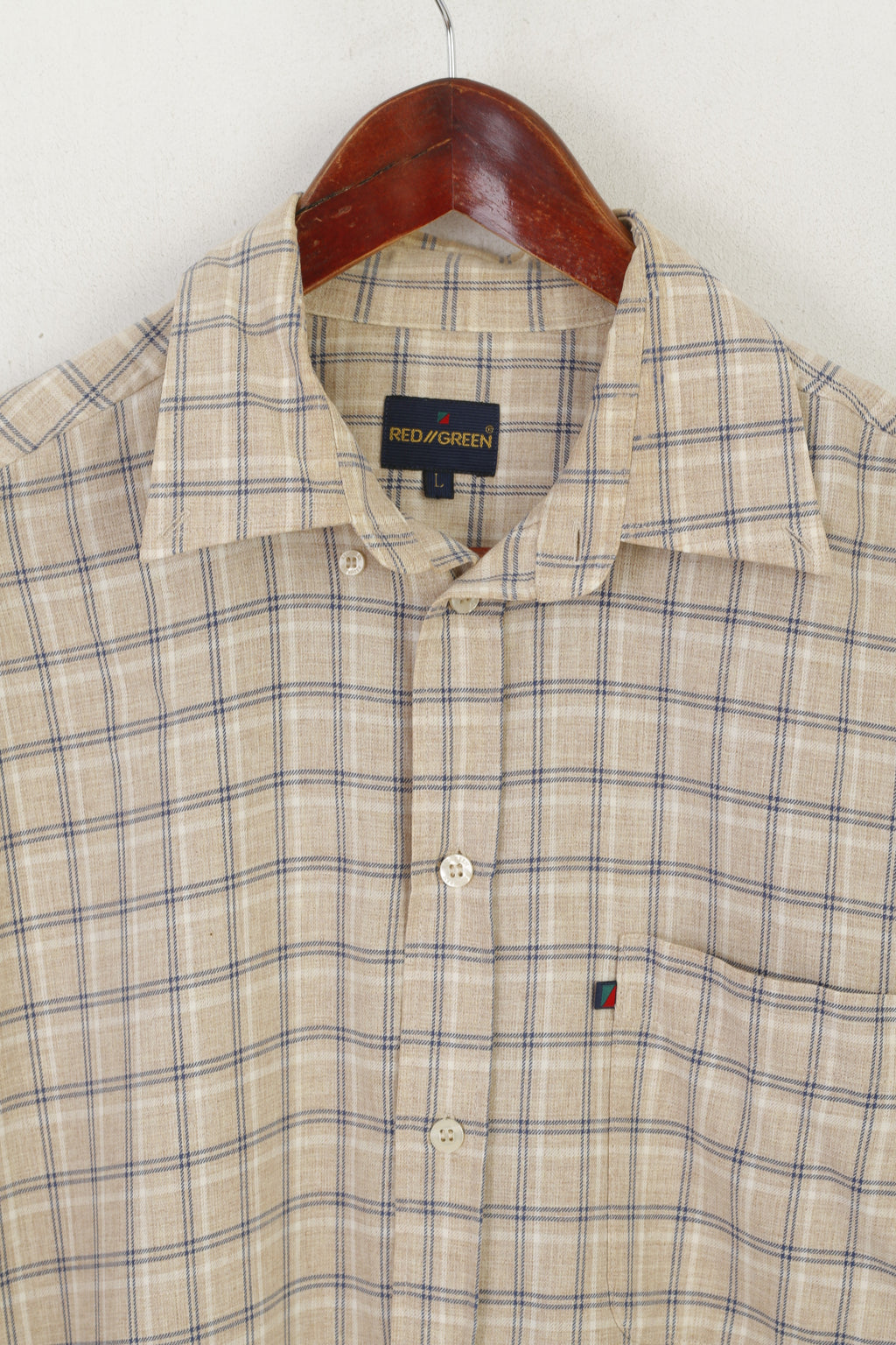 Camicia casual da uomo L rossa verde Top a maniche lunghe con bottoni dettagliati in cotone a quadri beige