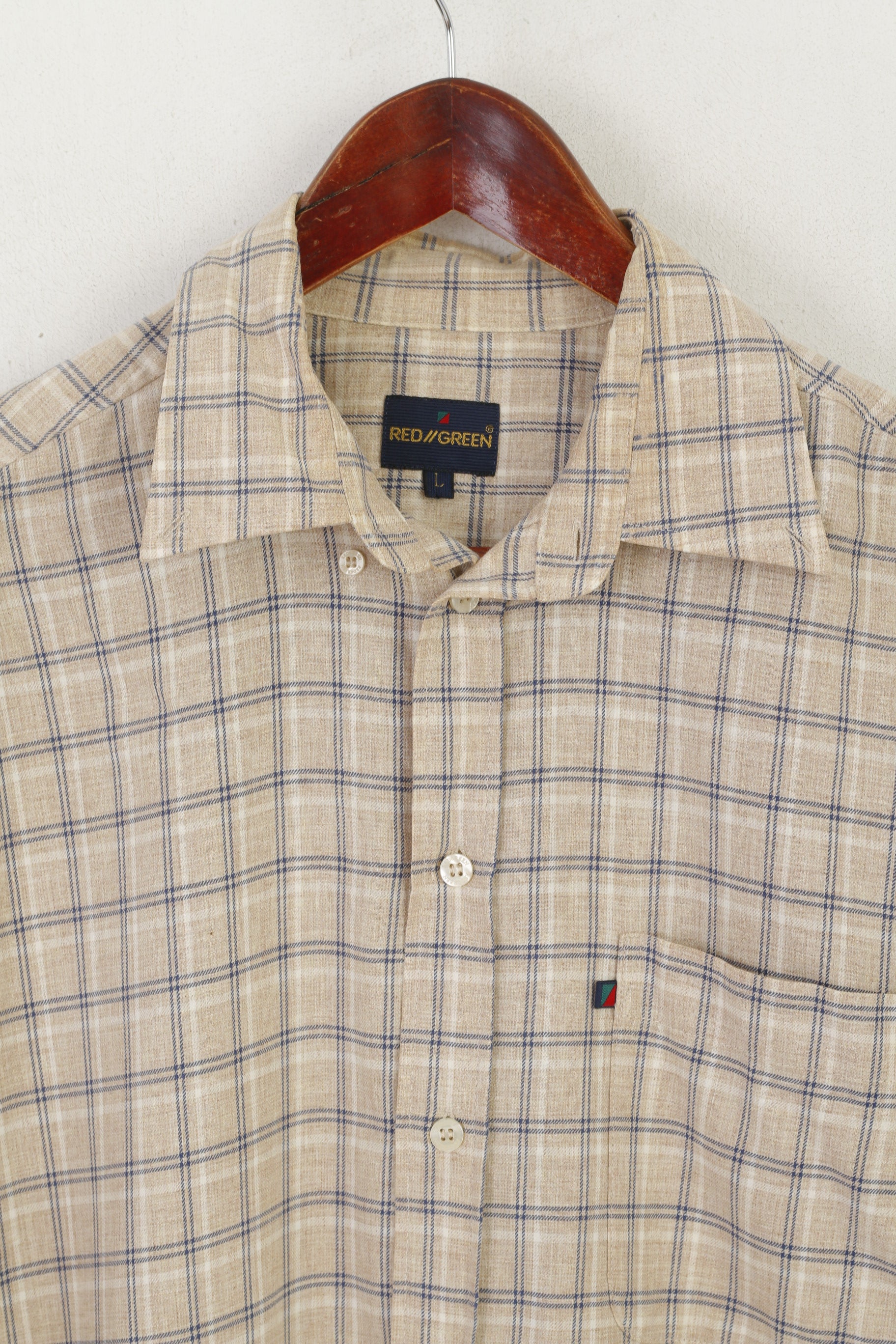 Camicia casual da uomo L rossa verde Top a maniche lunghe con bottoni dettagliati in cotone a quadri beige