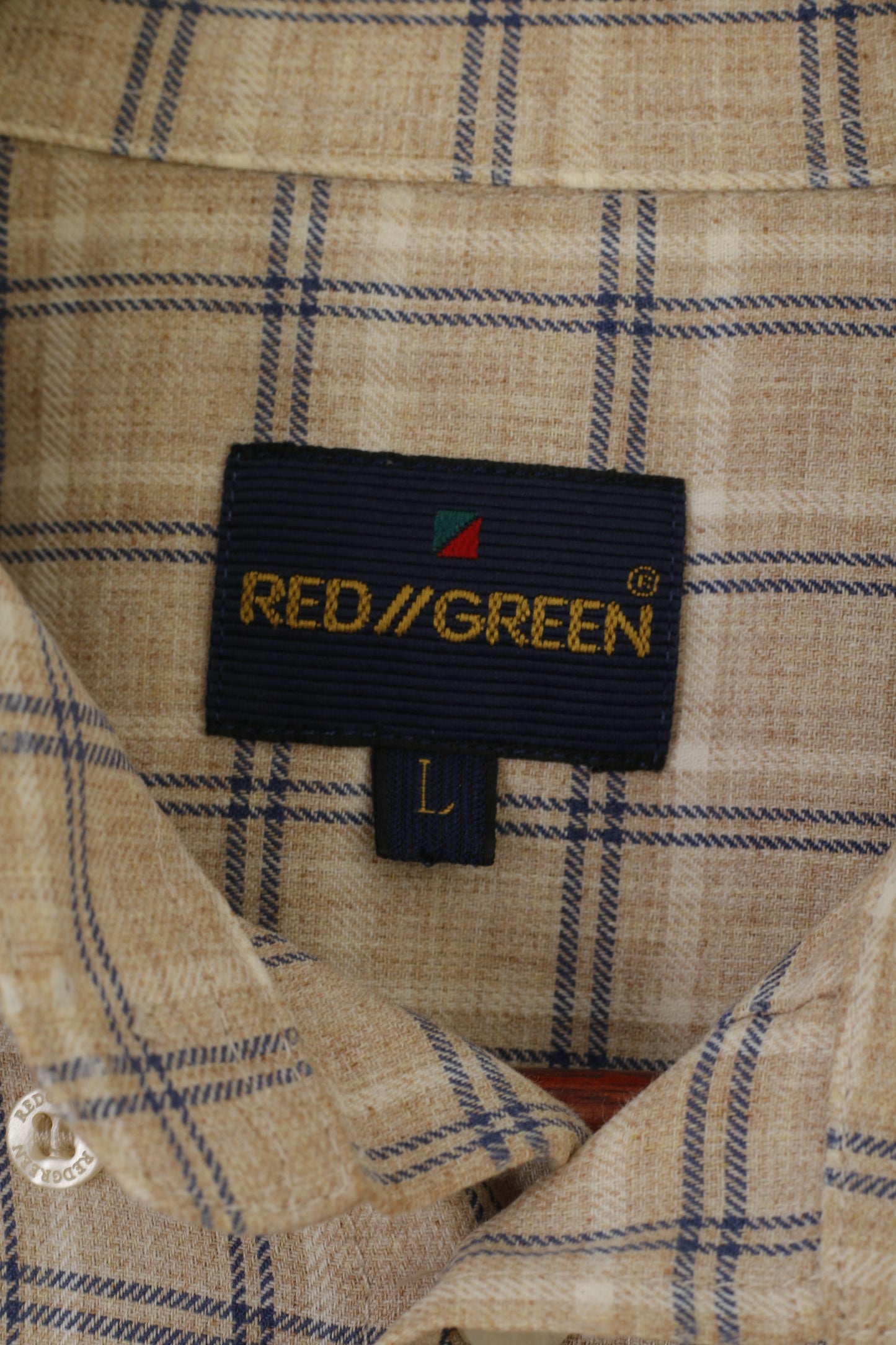 Red Green Men L Casual Shirt Beige Check Cotton Detailed Buttons Long Sleeve Top