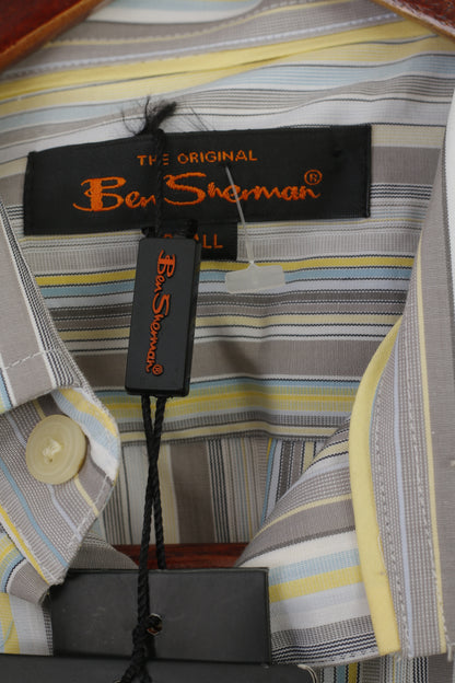 Nuova camicia casual da uomo Ben Sherman S in cotone a righe grigie a maniche lunghe slim fit