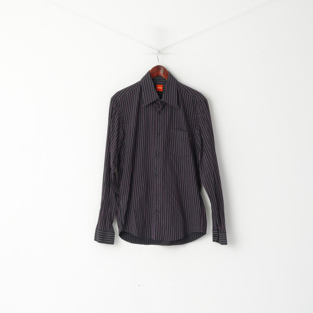 Hugo Boss Men M Casual Shirt Black Pink Striped Cotton Stretch Fit Long Sleeve Top