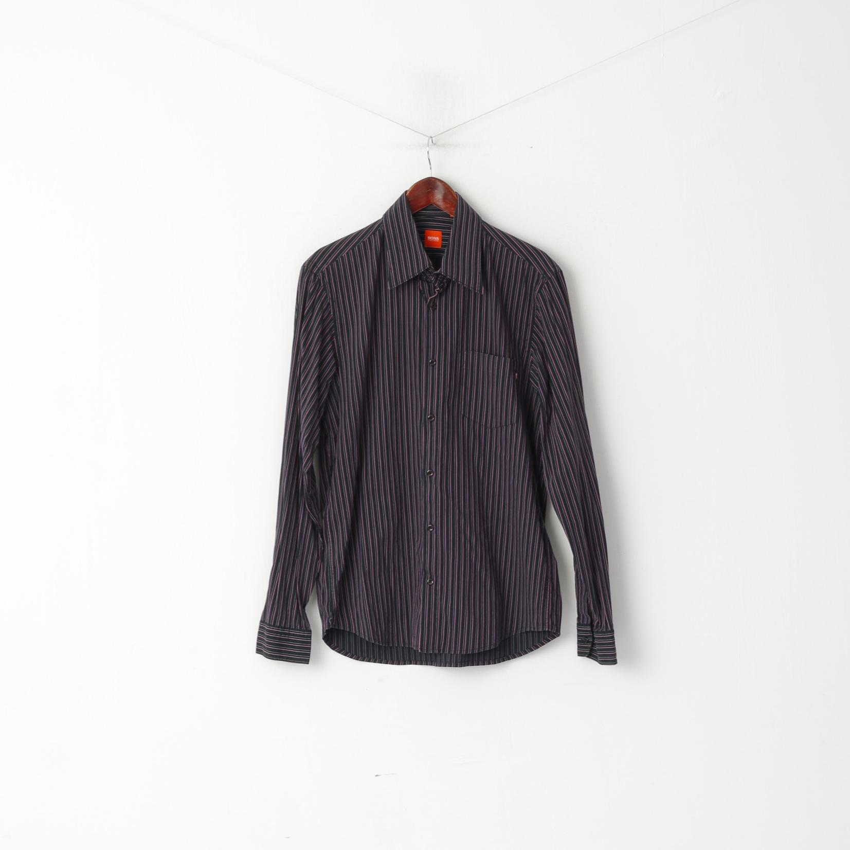 Hugo Boss Men M Casual Shirt Black Pink Striped Cotton Stretch Fit Long Sleeve Top