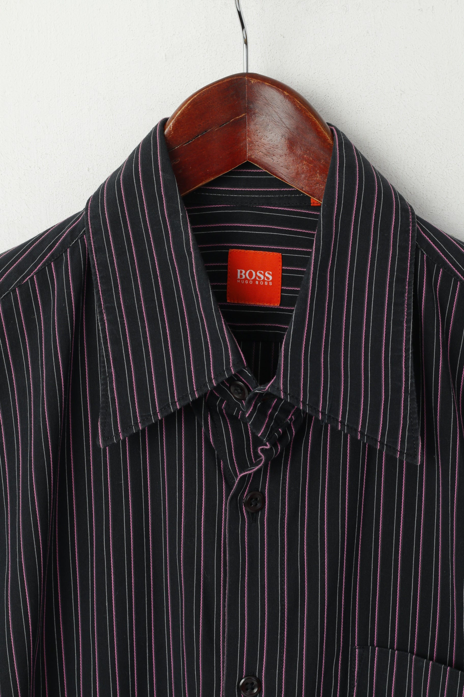 Hugo Boss Men M Casual Shirt Black Pink Striped Cotton Stretch Fit Long Sleeve Top