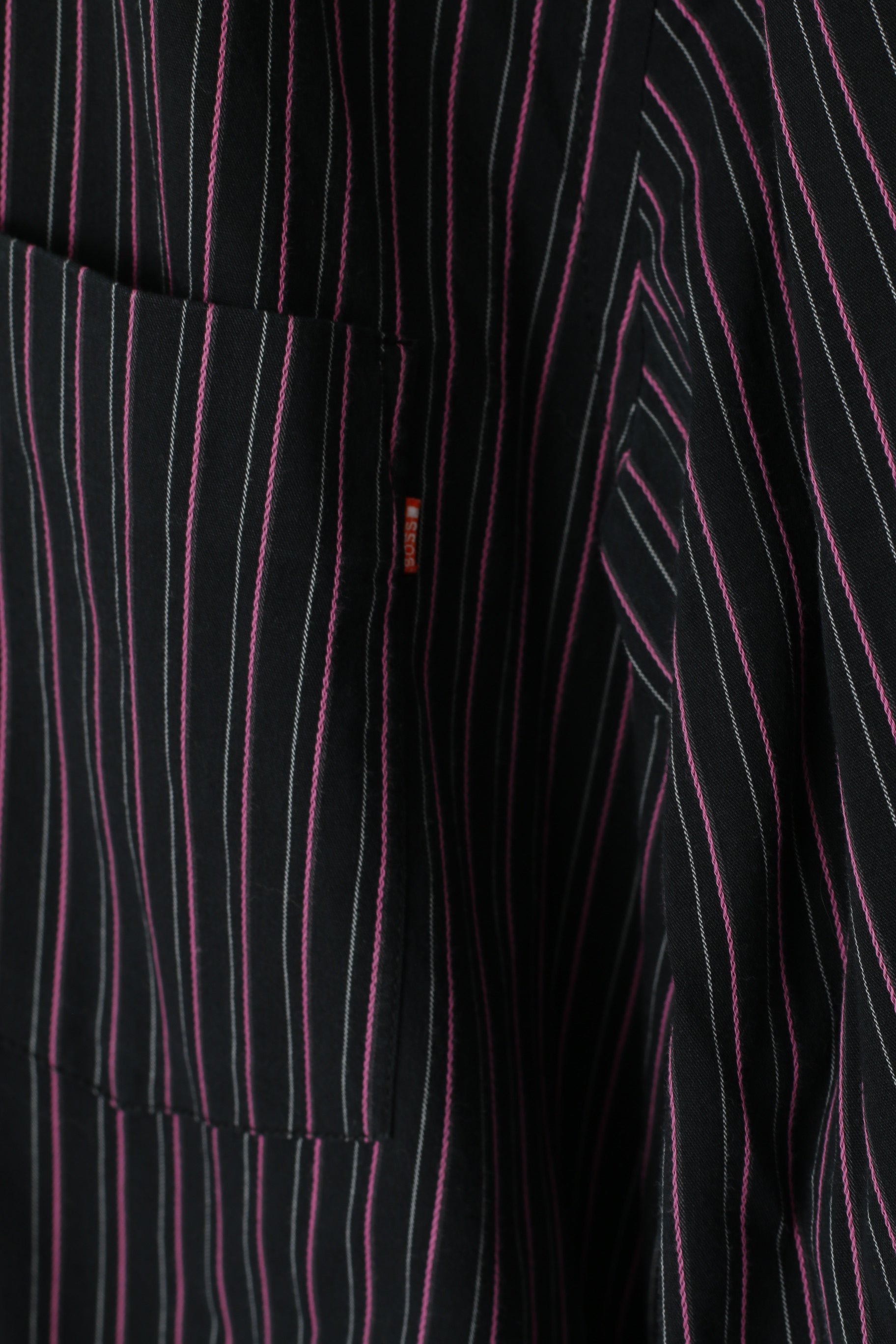 Hugo Boss Men M Casual Shirt Black Pink Striped Cotton Stretch Fit Long Sleeve Top