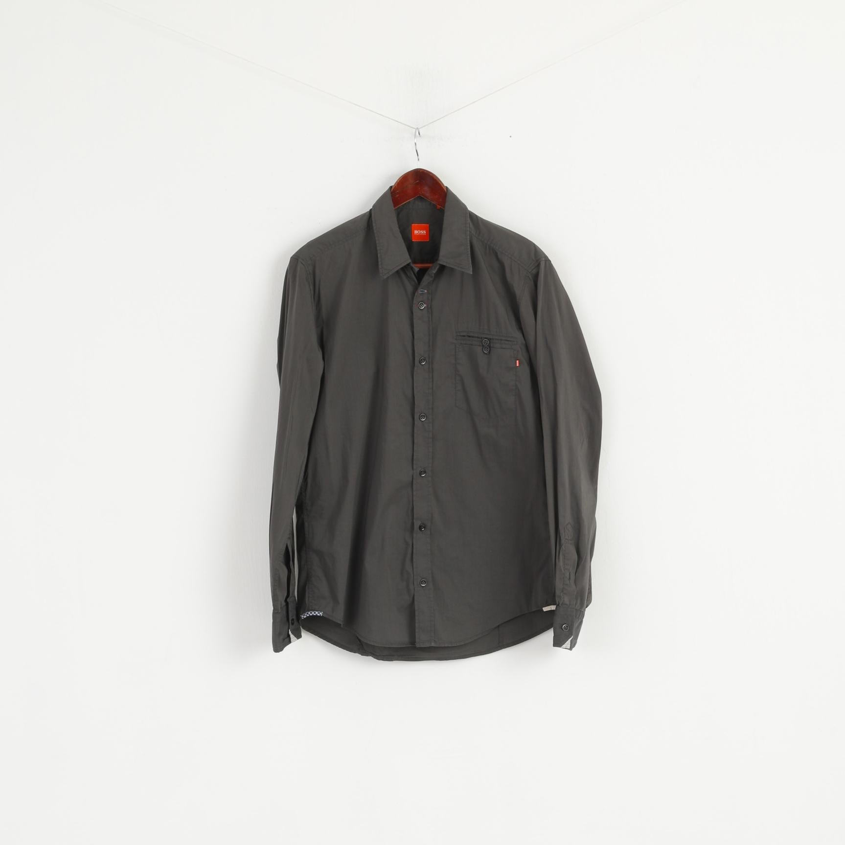 Hugo Boss Men M Casual Shirt Gray Cotton Nylon Blend Soft Long Sleeve Fit Top