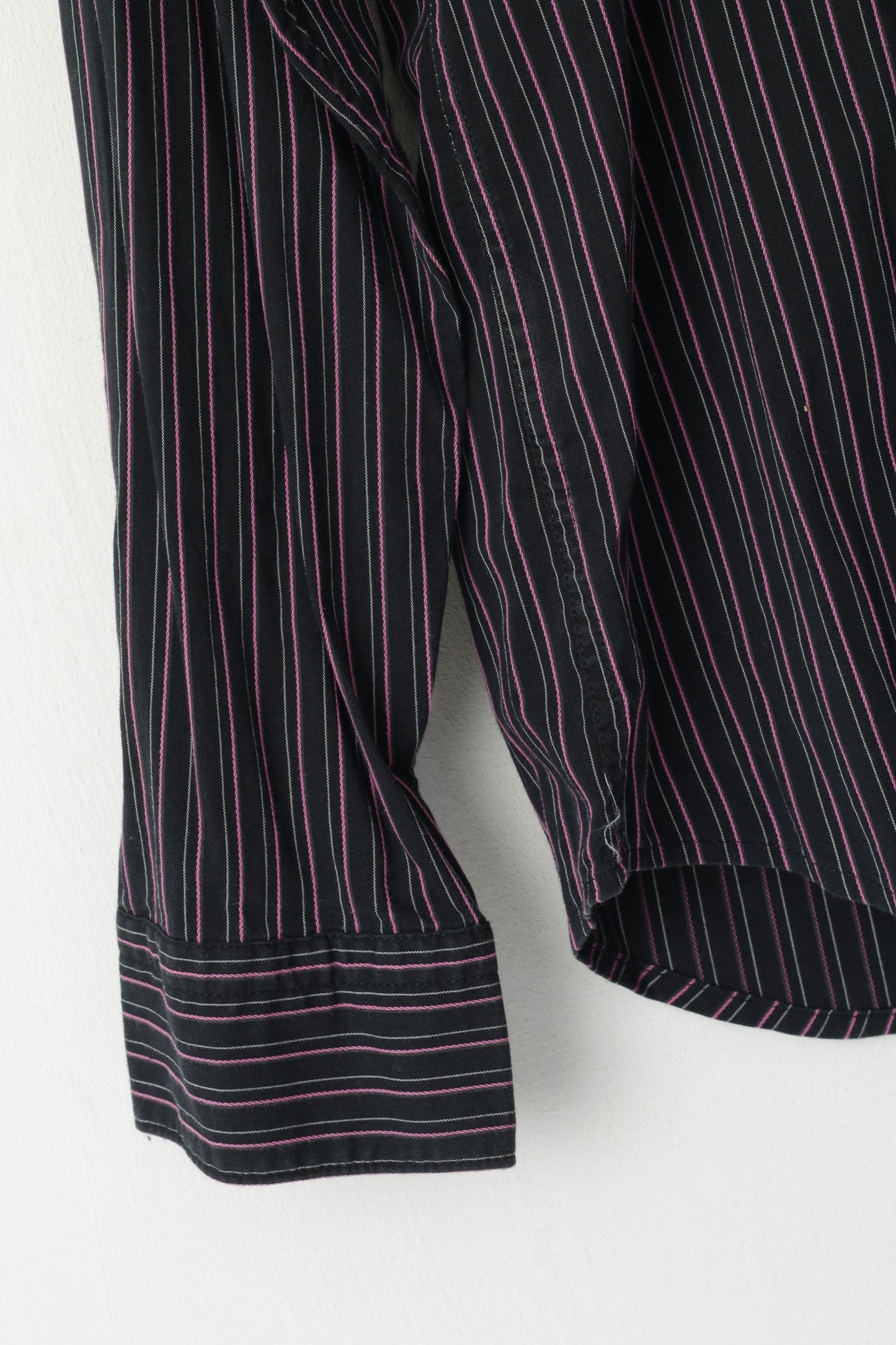 Hugo Boss Men M Casual Shirt Black Pink Striped Cotton Stretch Fit Long Sleeve Top