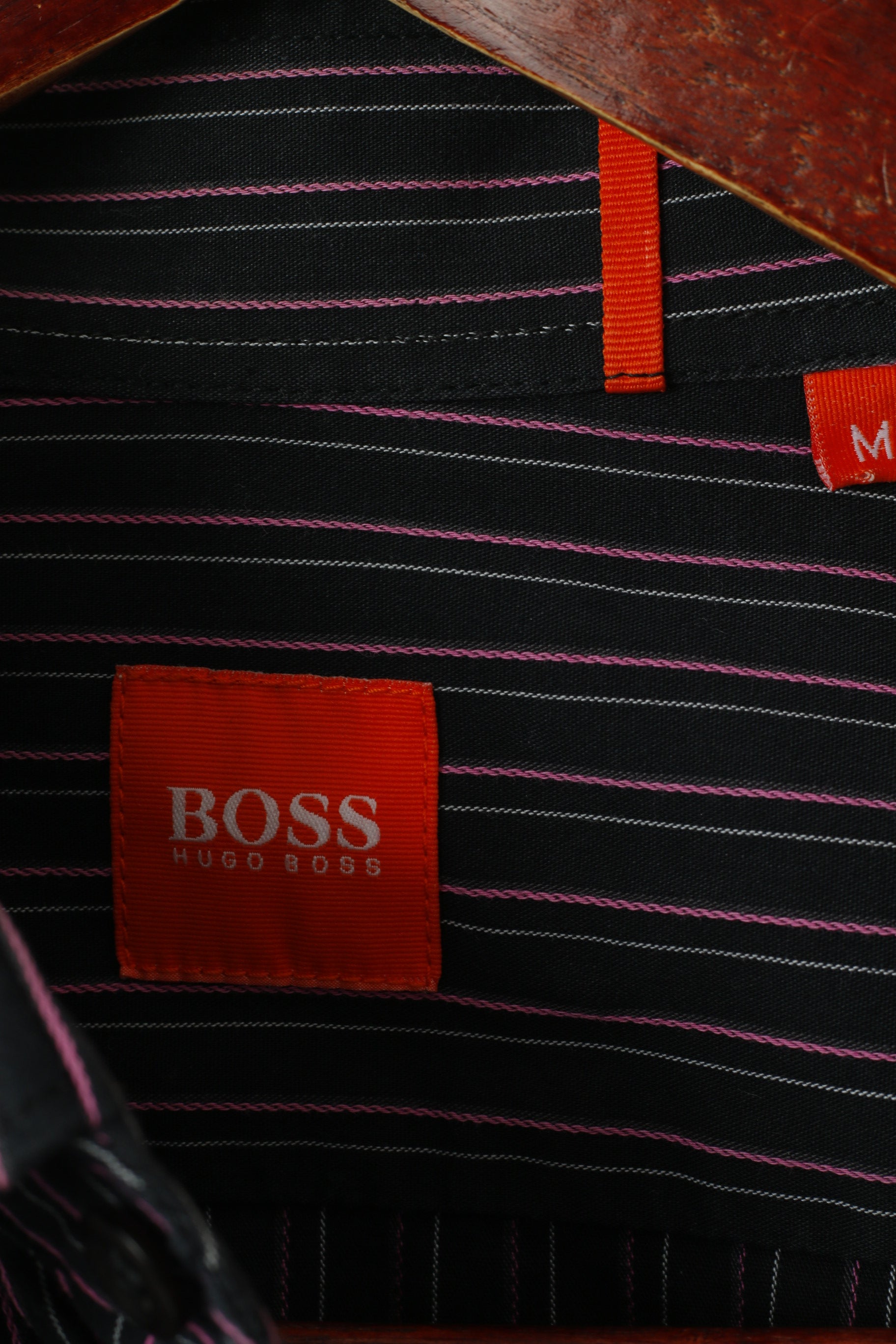 Hugo Boss Men M Casual Shirt Black Pink Striped Cotton Stretch Fit Long Sleeve Top