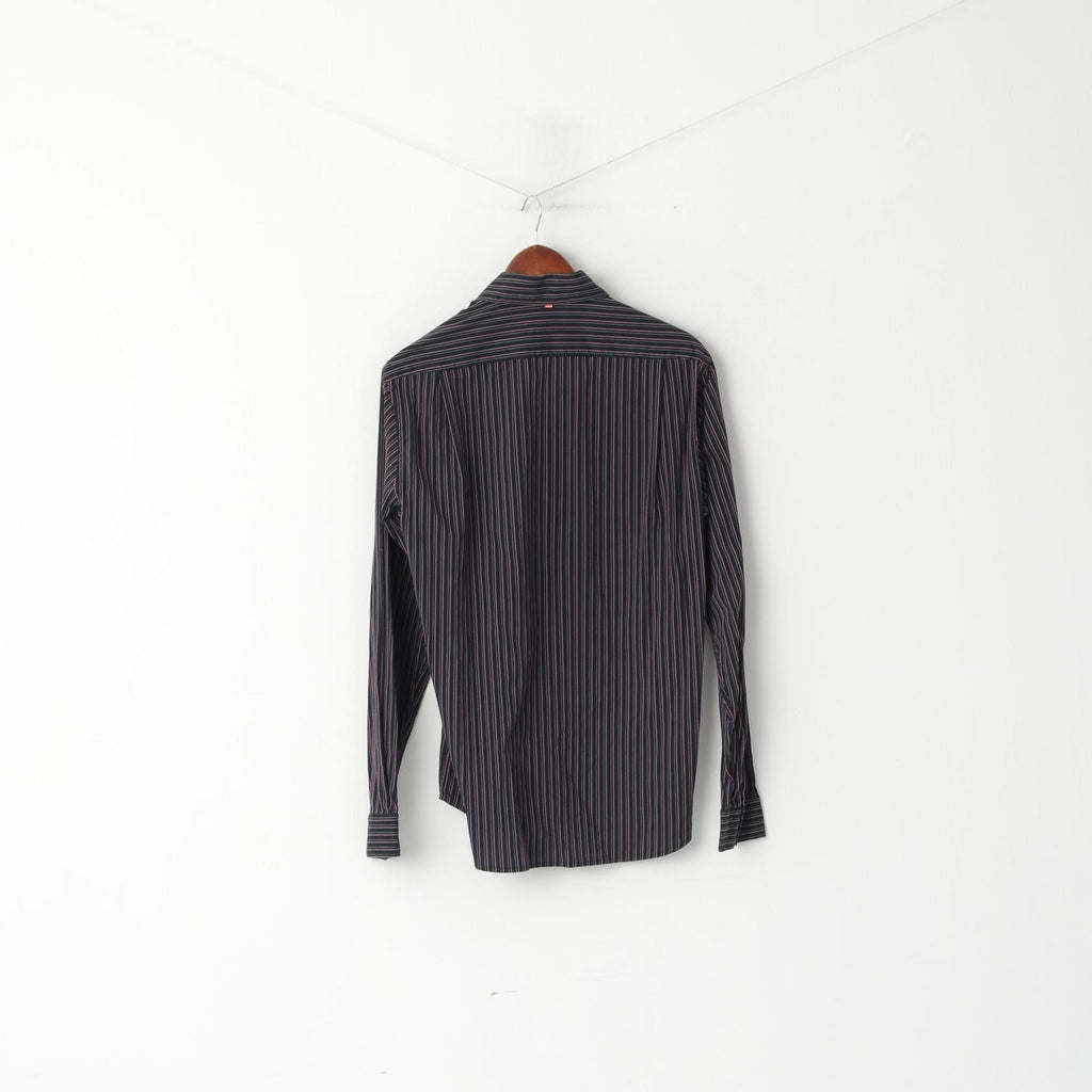 Hugo Boss Men M Casual Shirt Black Pink Striped Cotton Stretch Fit Long Sleeve Top