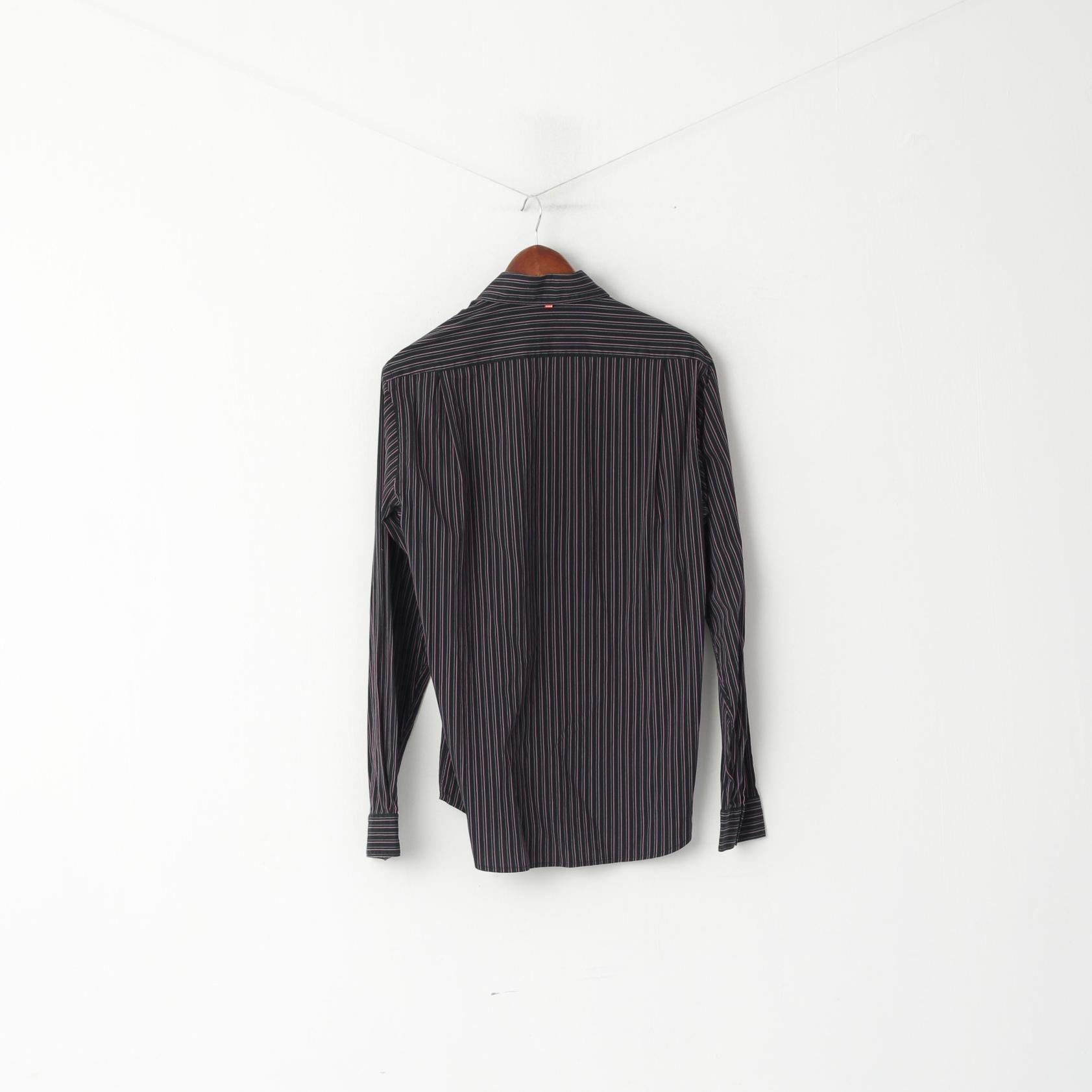 Hugo Boss Men M Casual Shirt Black Pink Striped Cotton Stretch Fit Long Sleeve Top