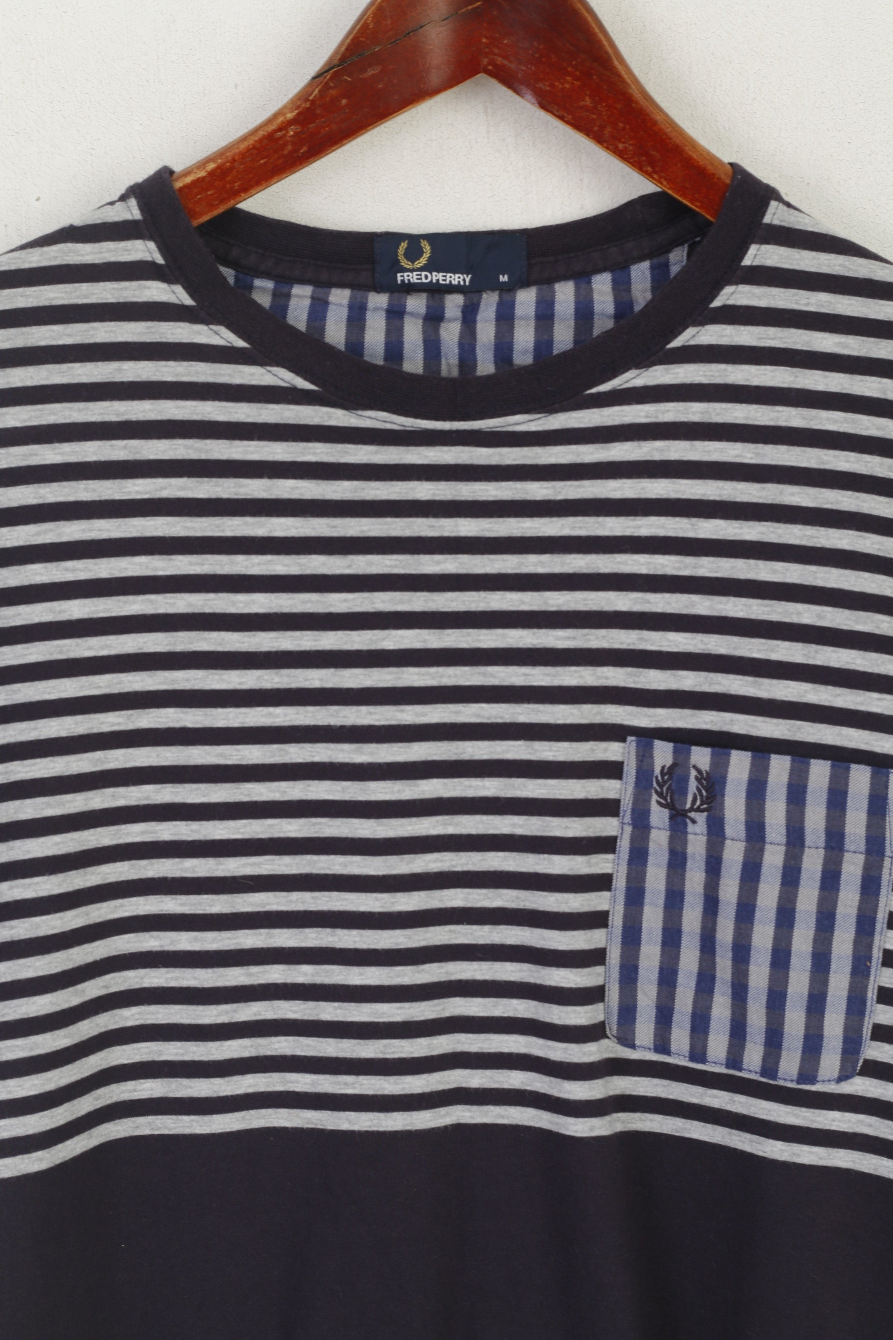 Fred Perry Hommes M (S) Chemise Marine Coton Rayé Poche Classique Col Rond Marine Top