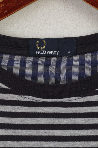Fred Perry Men M (S) Shirt Navy Cotton Striped Pocket Classic Crew Neck Marine Top