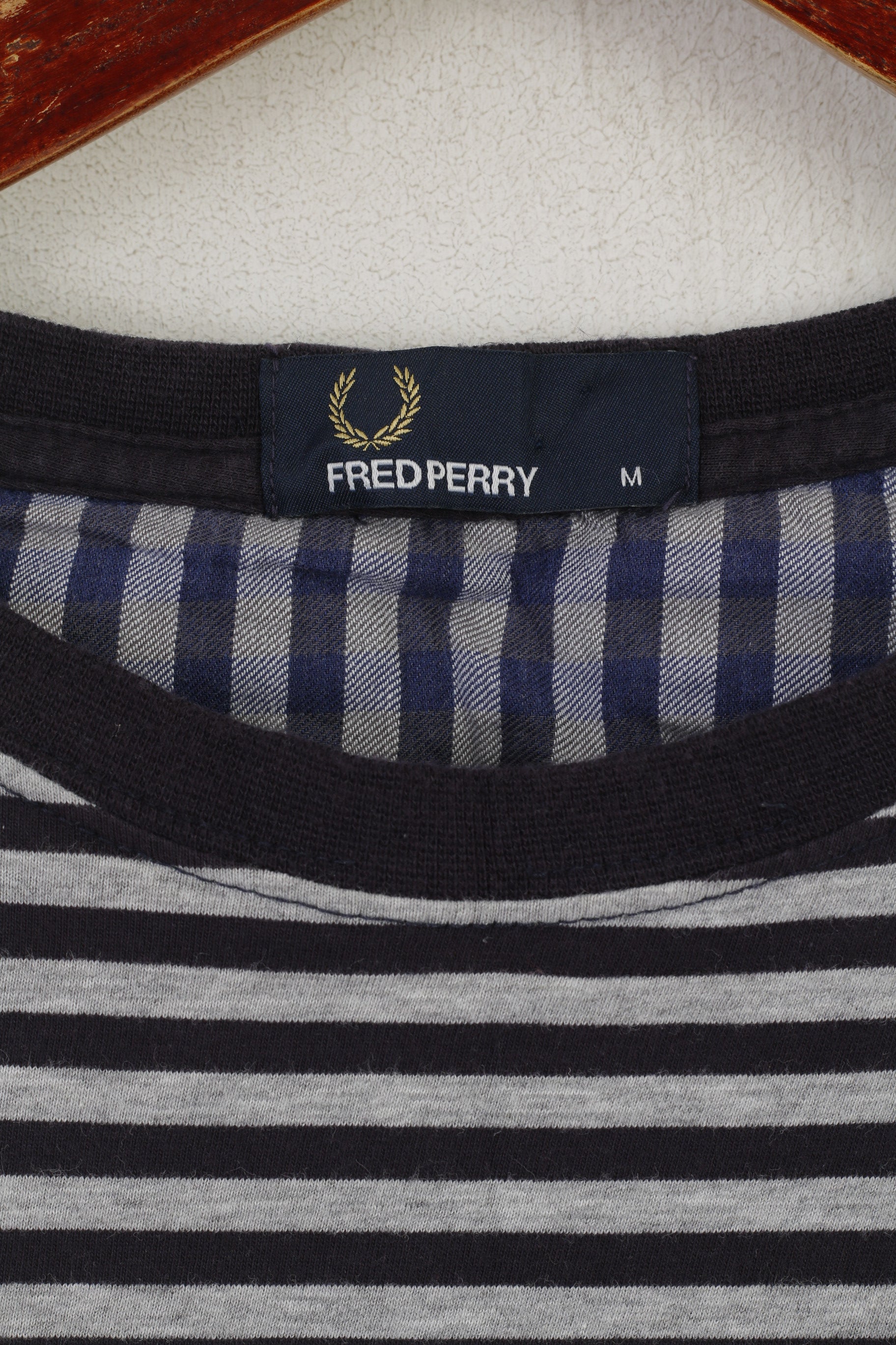 Fred Perry Hommes M (S) Chemise Marine Coton Rayé Poche Classique Col Rond Marine Top