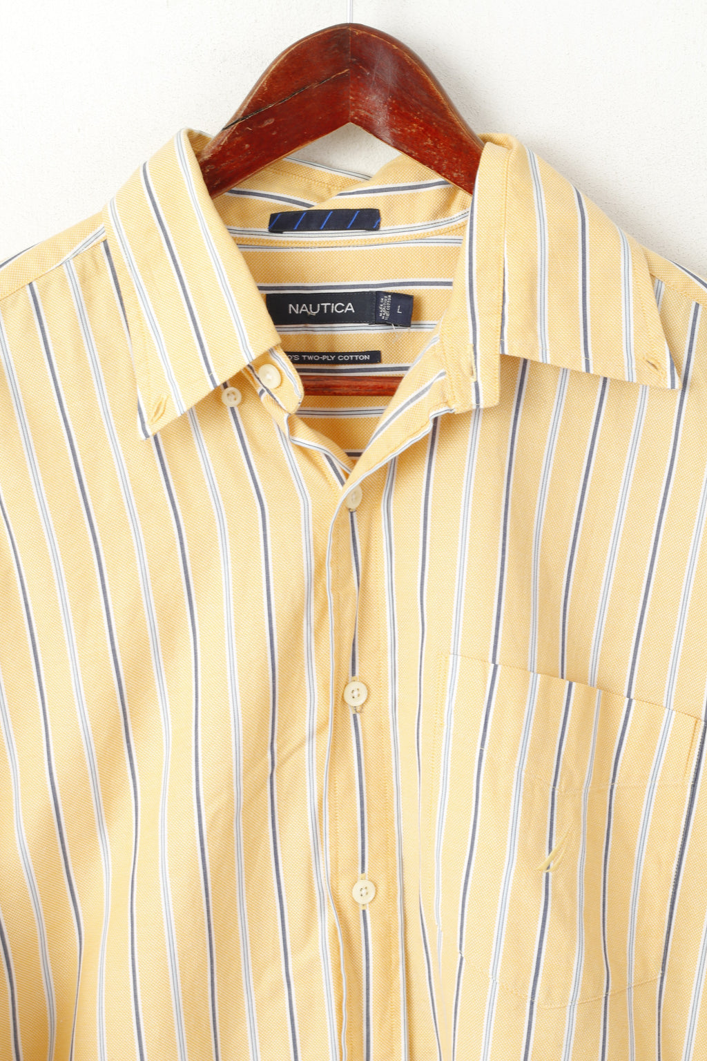 Nautica Men L Casual Shirt Yellow Striped 80s Two-Ply Cotton Long Sleeve Top