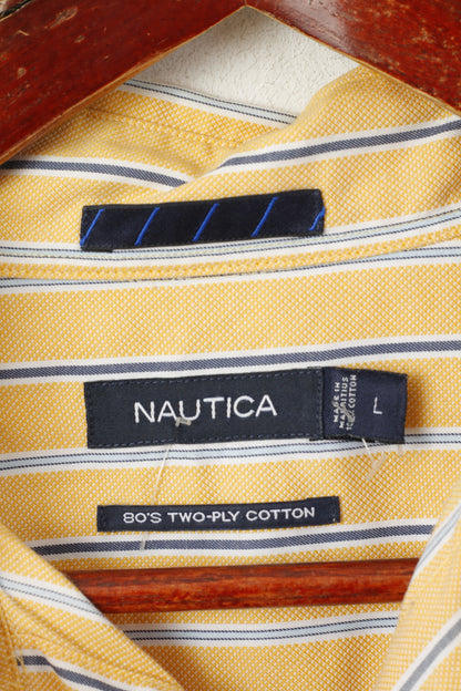 Nautica Men L Casual Shirt Yellow Striped 80s Two-Ply Cotton Long Sleeve Top