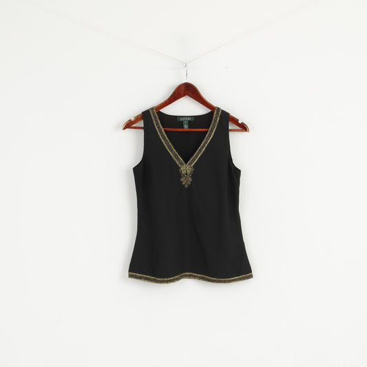 Lauren Ralph Lauren Donna 2 S Camicia Nera con morbido scollo a V Canotta elegante con dettagli dorati