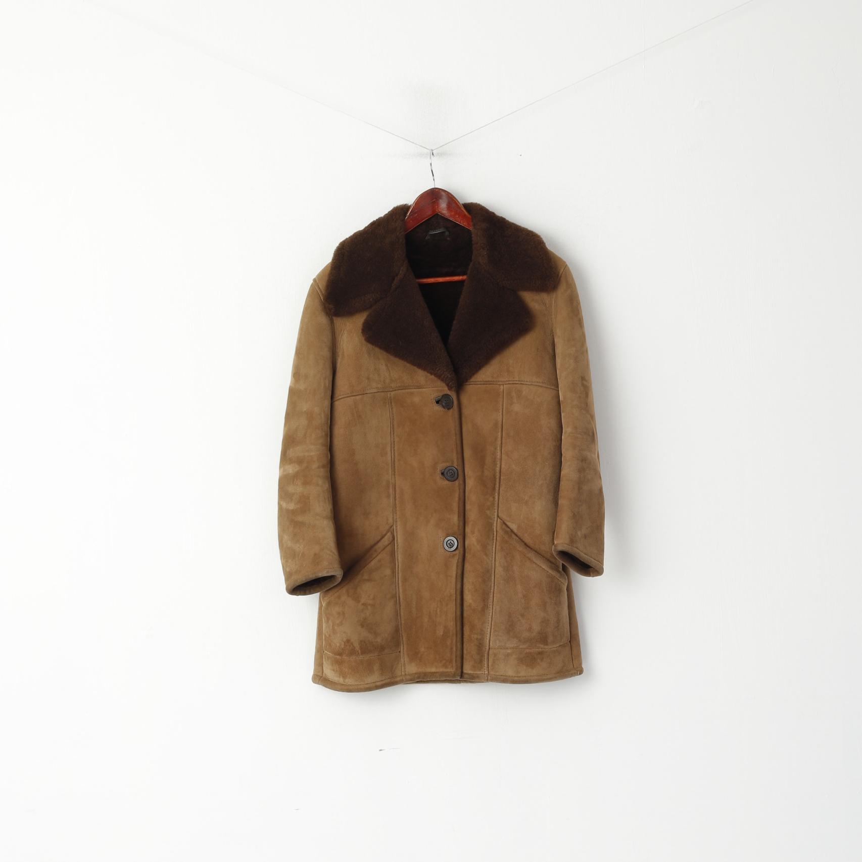 Vintage Women M Jacket Brown Suede Shearling Single Breasted Boho Classic Top