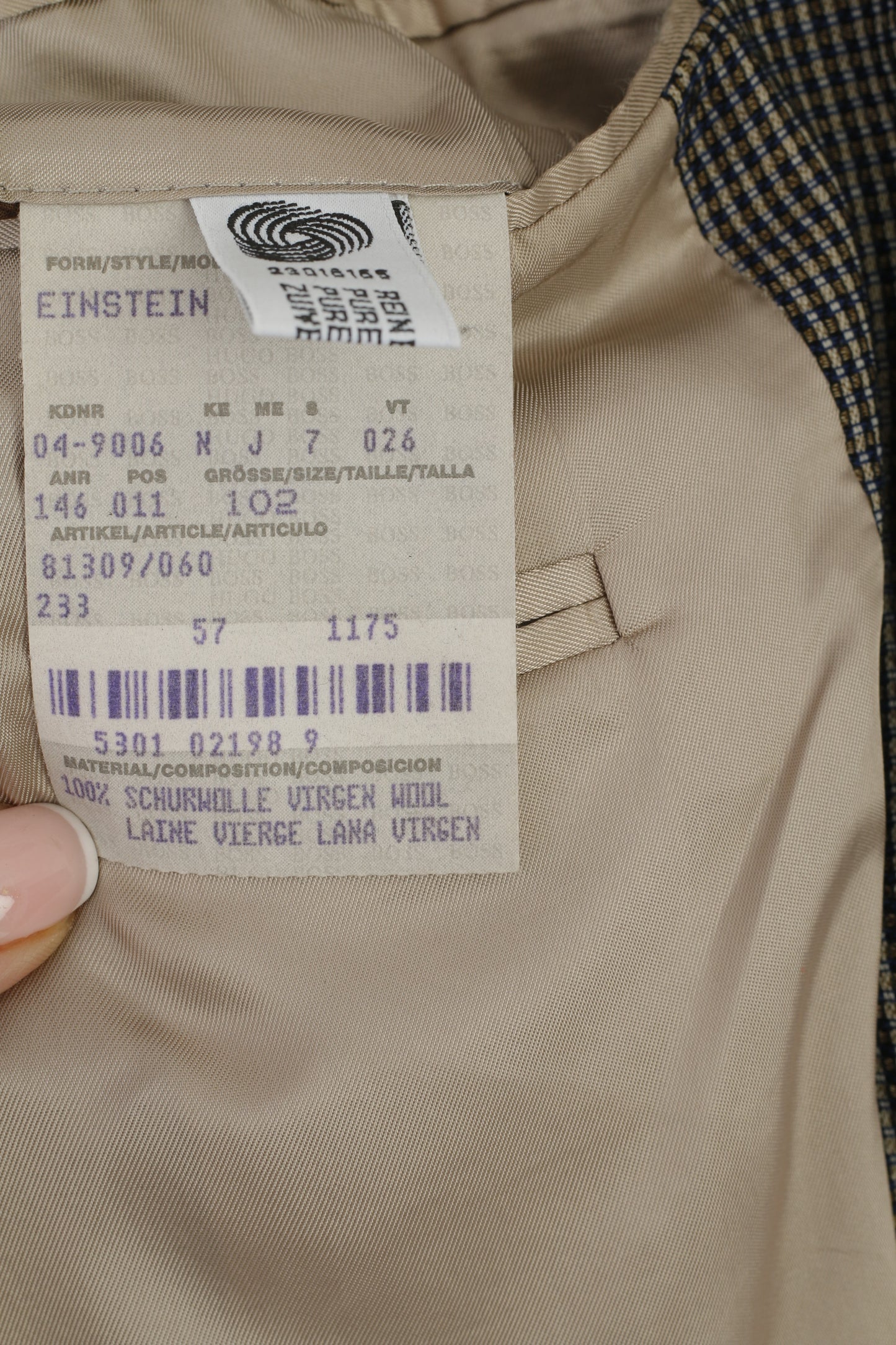 Hugo Boss Uomo 102 40 Blazer Navy Shiny Check Giacca monopetto Einstein in lana vergine vintage