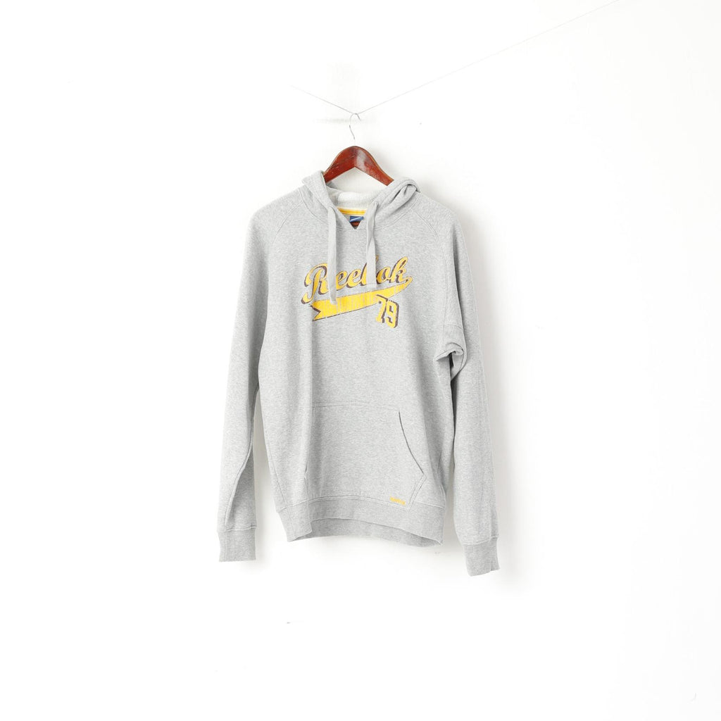 Reebok Men M Sweatshirt Grey Cotton Hooded Vintage Kangaroo Pocket Hoodie Top