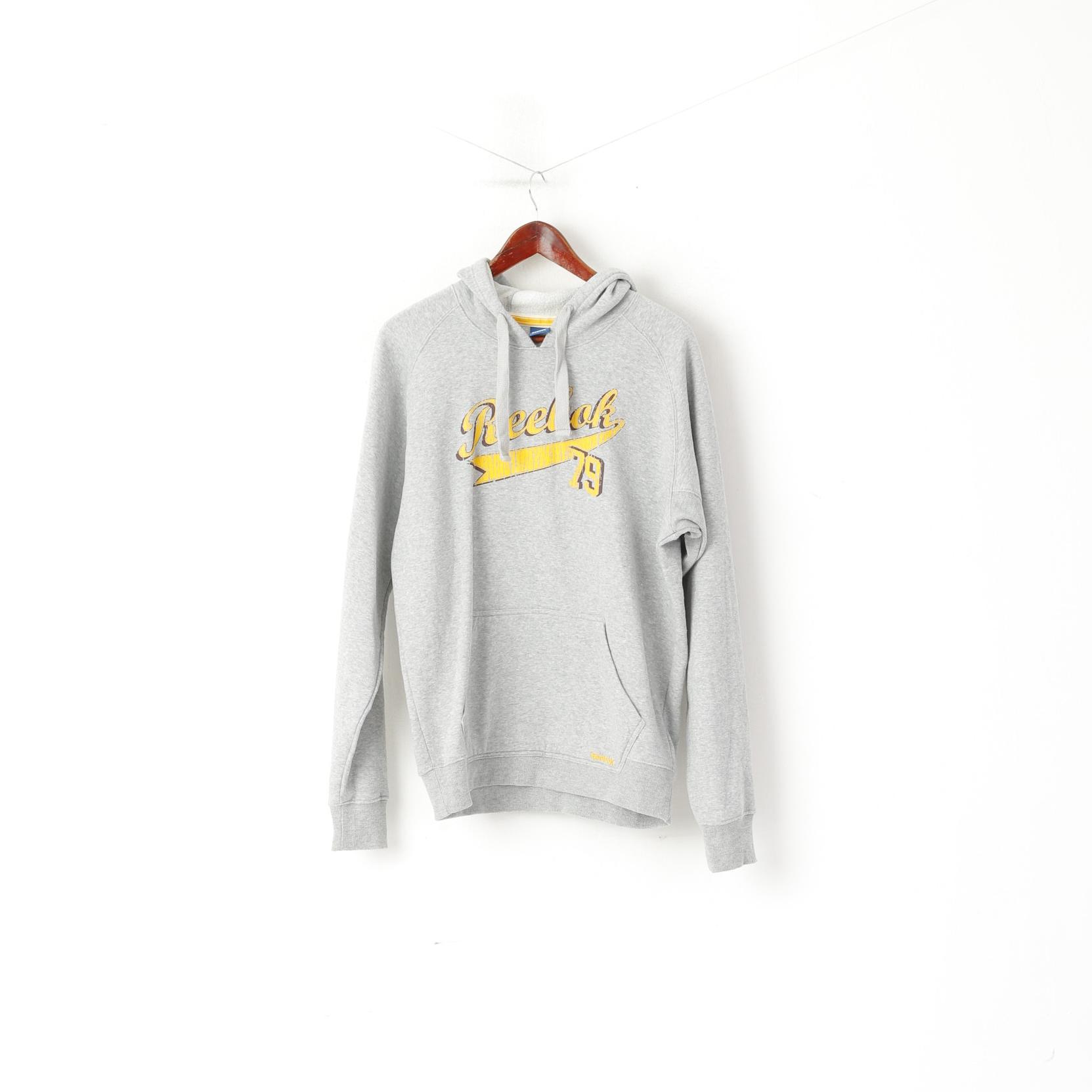 Reebok Men M Sweatshirt Grey Cotton Hooded Vintage Kangaroo Pocket Hoodie Top