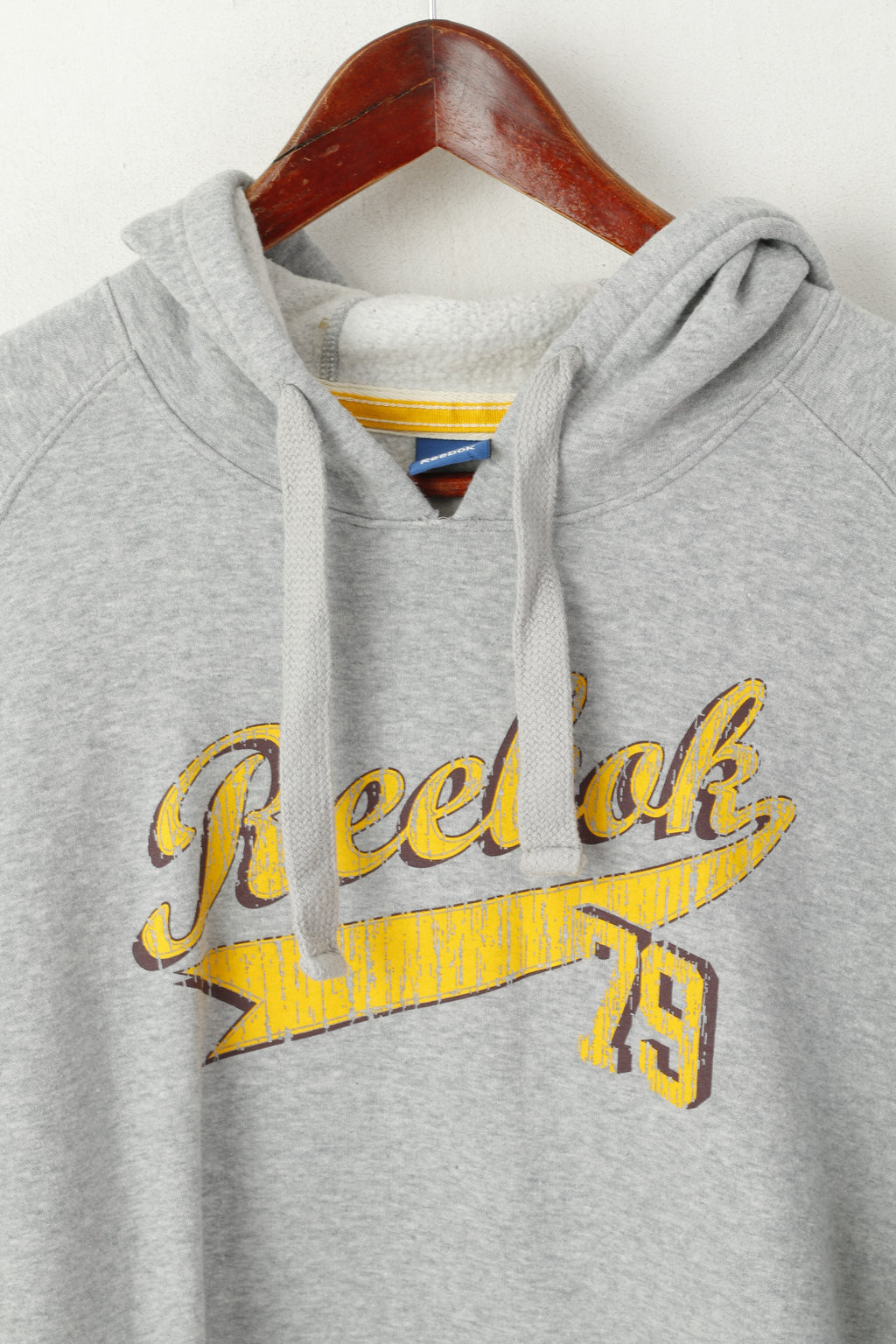 Reebok Men M Sweatshirt Grey Cotton Hooded Vintage Kangaroo Pocket Hoodie Top