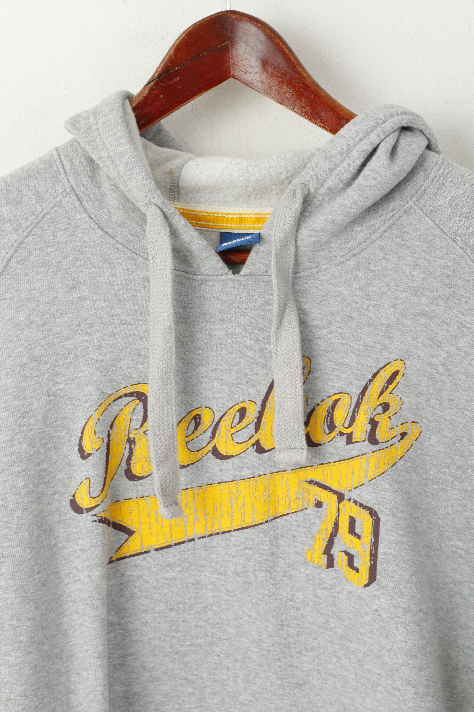 Reebok Men M Sweatshirt Grey Cotton Hooded Vintage Kangaroo Pocket Hoodie Top