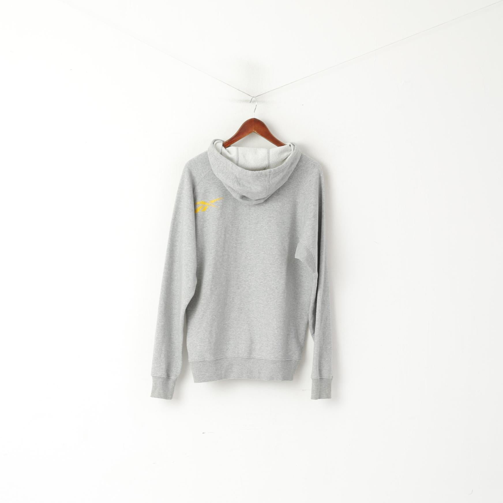Reebok Men M Sweatshirt Grey Cotton Hooded Vintage Kangaroo Pocket Hoodie Top