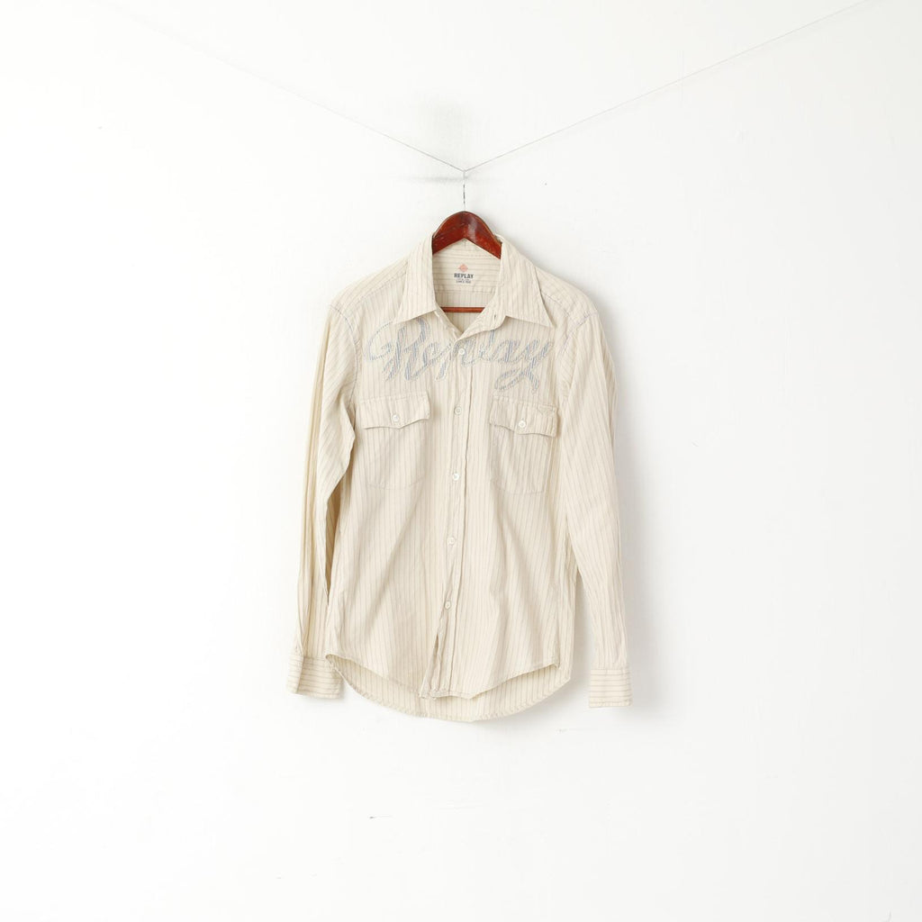Replay Camicia casual da uomo XL (M) Top a maniche lunghe ricamato a righe in cotone beige