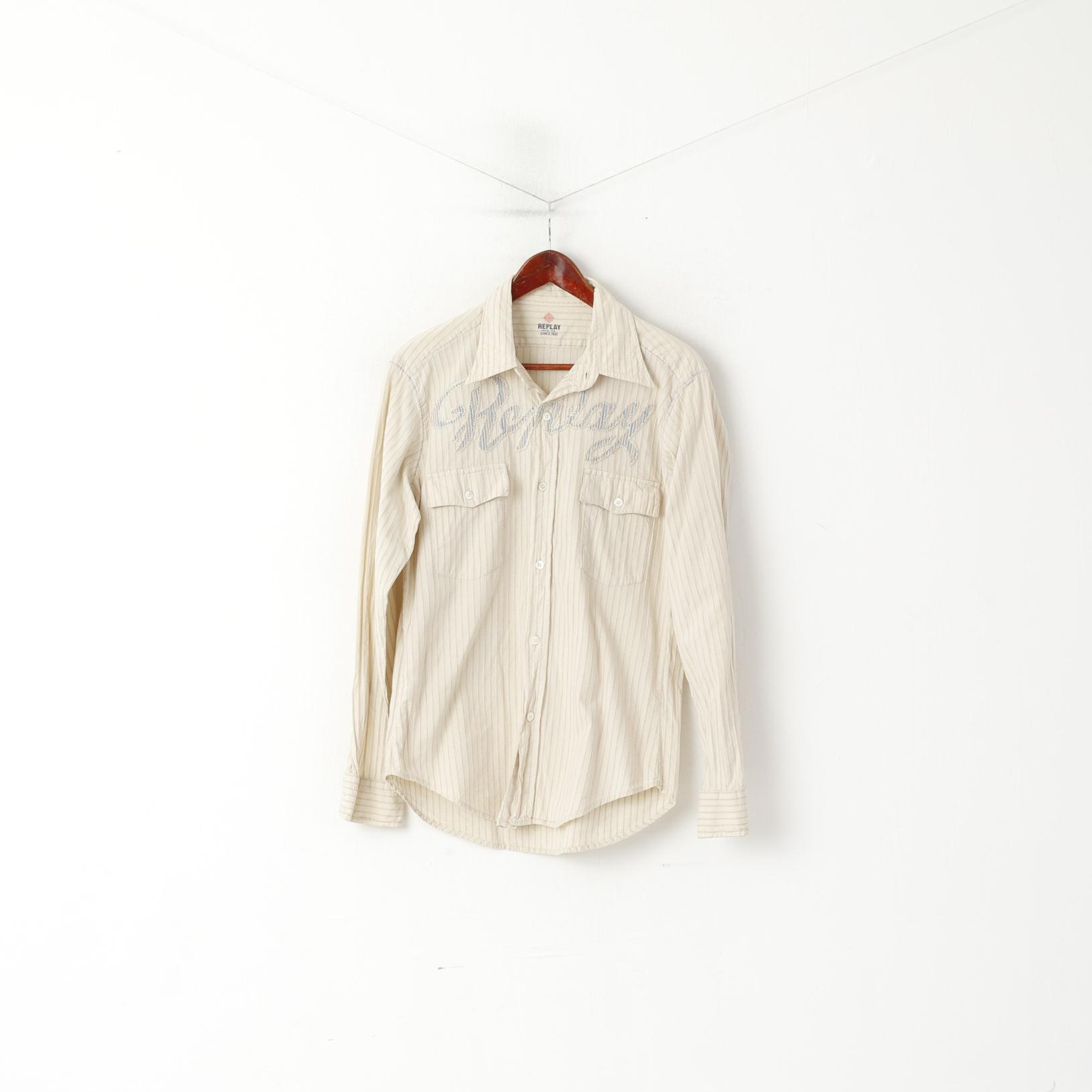 Replay Camicia casual da uomo XL (M) Top a maniche lunghe ricamato a righe in cotone beige