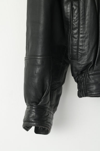 Marcos Men 52 L Bomber Jacket Black Leather Vintage Made In Italy Biker Shoulder Pads