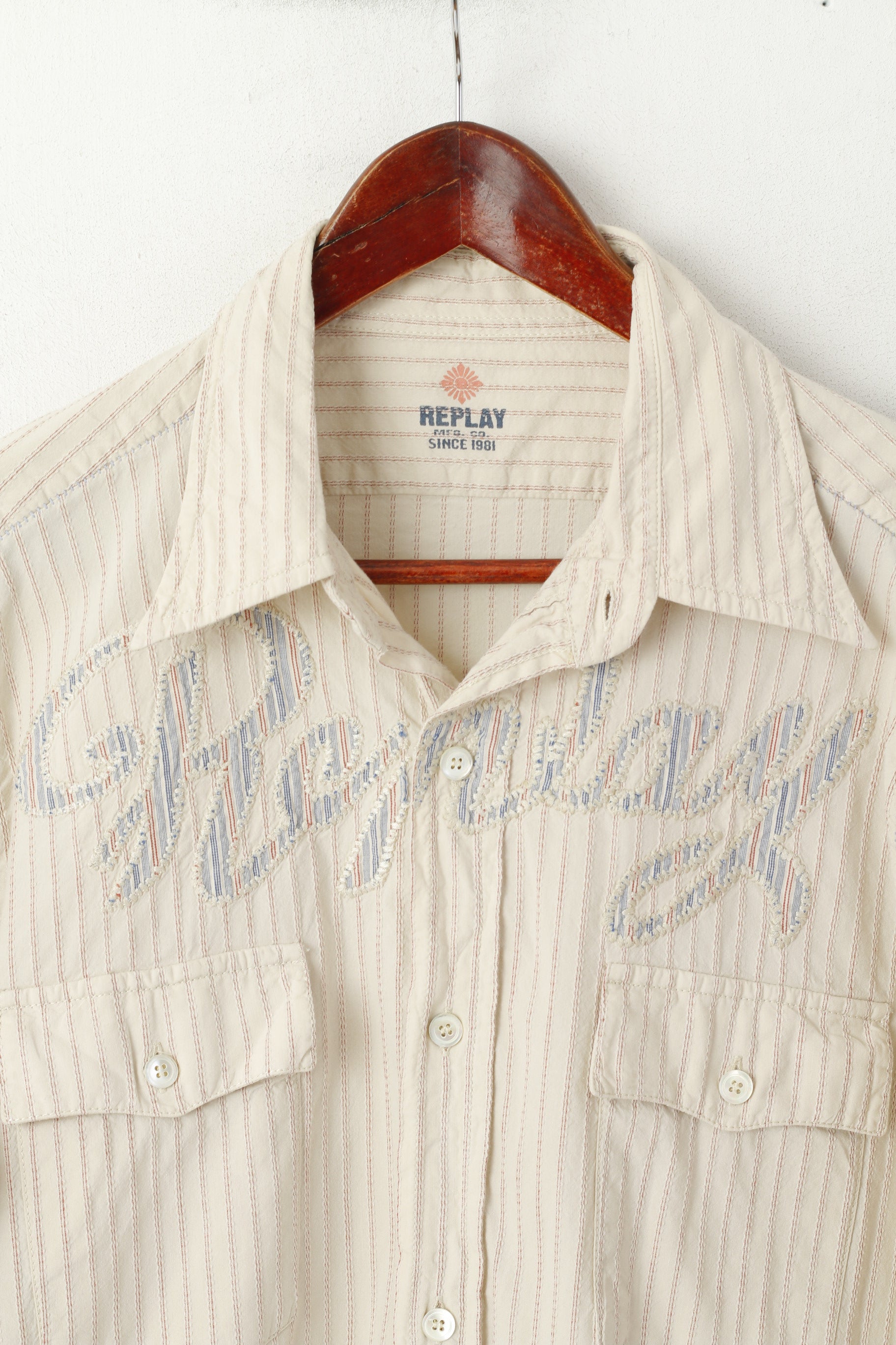 Replay Camicia casual da uomo XL (M) Top a maniche lunghe ricamato a righe in cotone beige