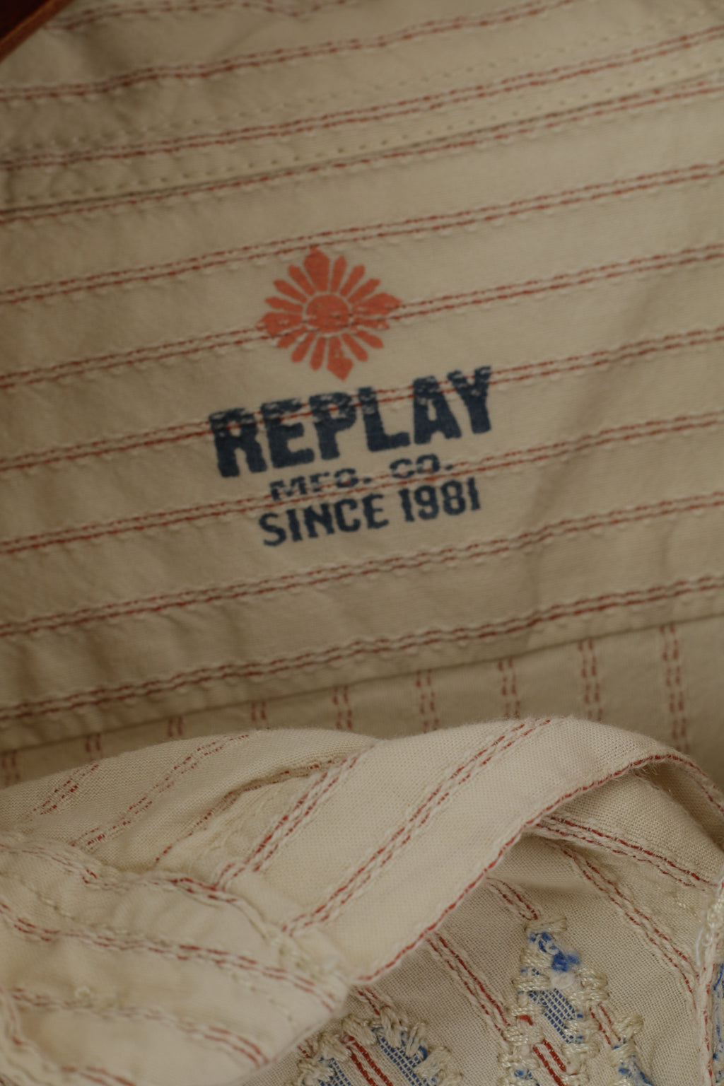 Replay Camicia casual da uomo XL (M) Top a maniche lunghe ricamato a righe in cotone beige