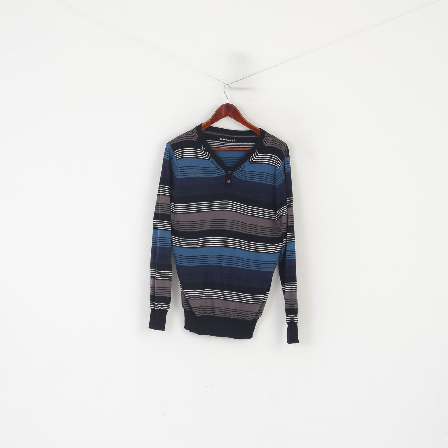Tom Wolfe Men M Jumper Black Blue Striped Cotton Neck Stretch Sweater