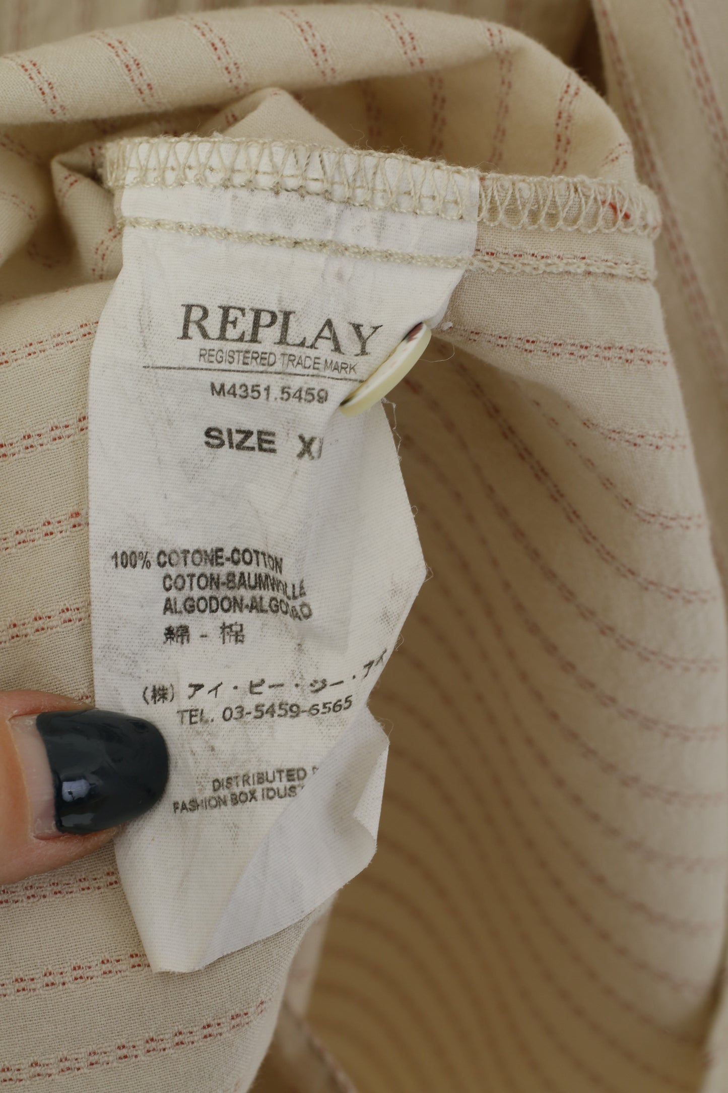 Replay Men XL (M) Casual Shirt Beige Cotton Striped Embroidered Long Sleeve Top