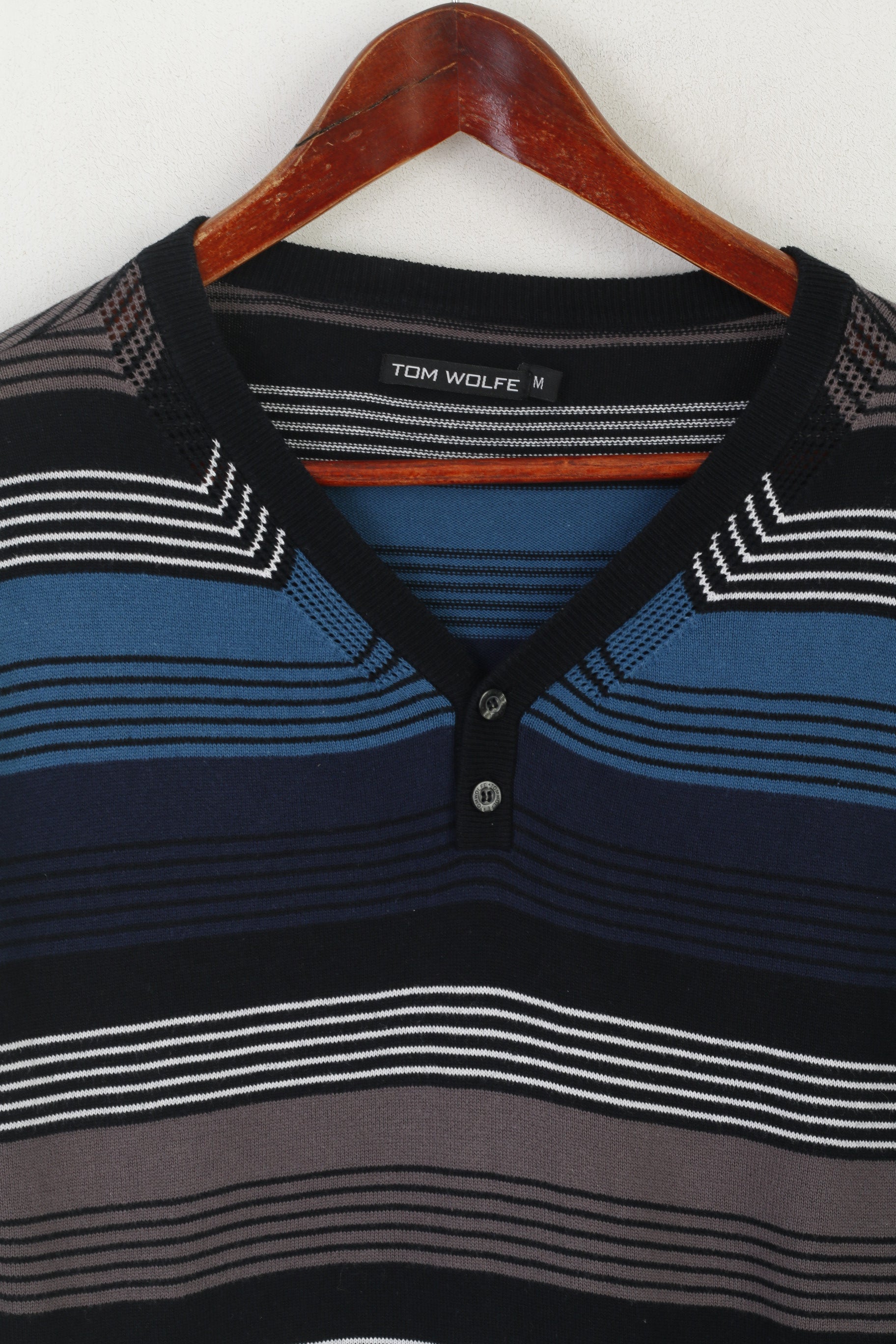 Tom Wolfe Men M Jumper Black Blue Striped Cotton Neck Stretch Sweater